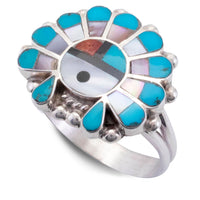 E.R. Zuni Sunface Turquoise,  Pink & White Mother of Pearl, Jet, and Coral USA Native American Made 925 Sterling Silver Ring Main Image