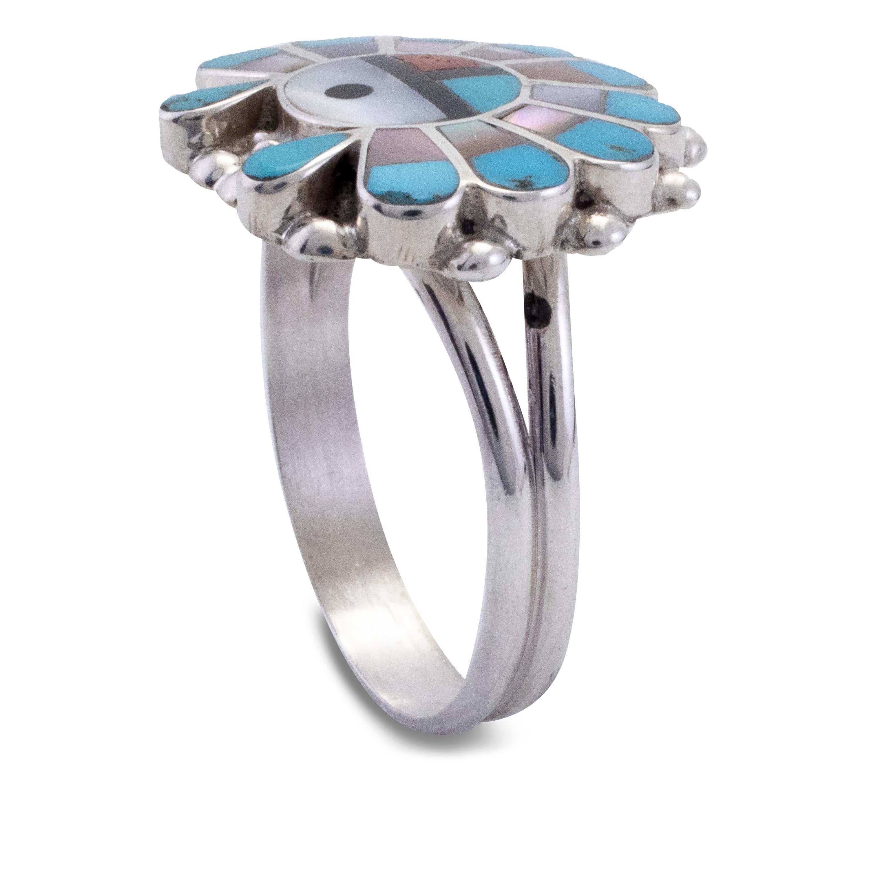 E.R. Zuni Sunface Turquoise, Pink & White Mother of Pearl, Jet, and Coral  USA Native American Made 925 Sterling Silver Ring