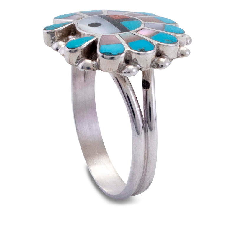 Kalifano Native American Jewelry E.R. Zuni Sunface Turquoise,  Pink & White Mother of Pearl, Jet, and Coral USA Native American Made 925 Sterling Silver Ring