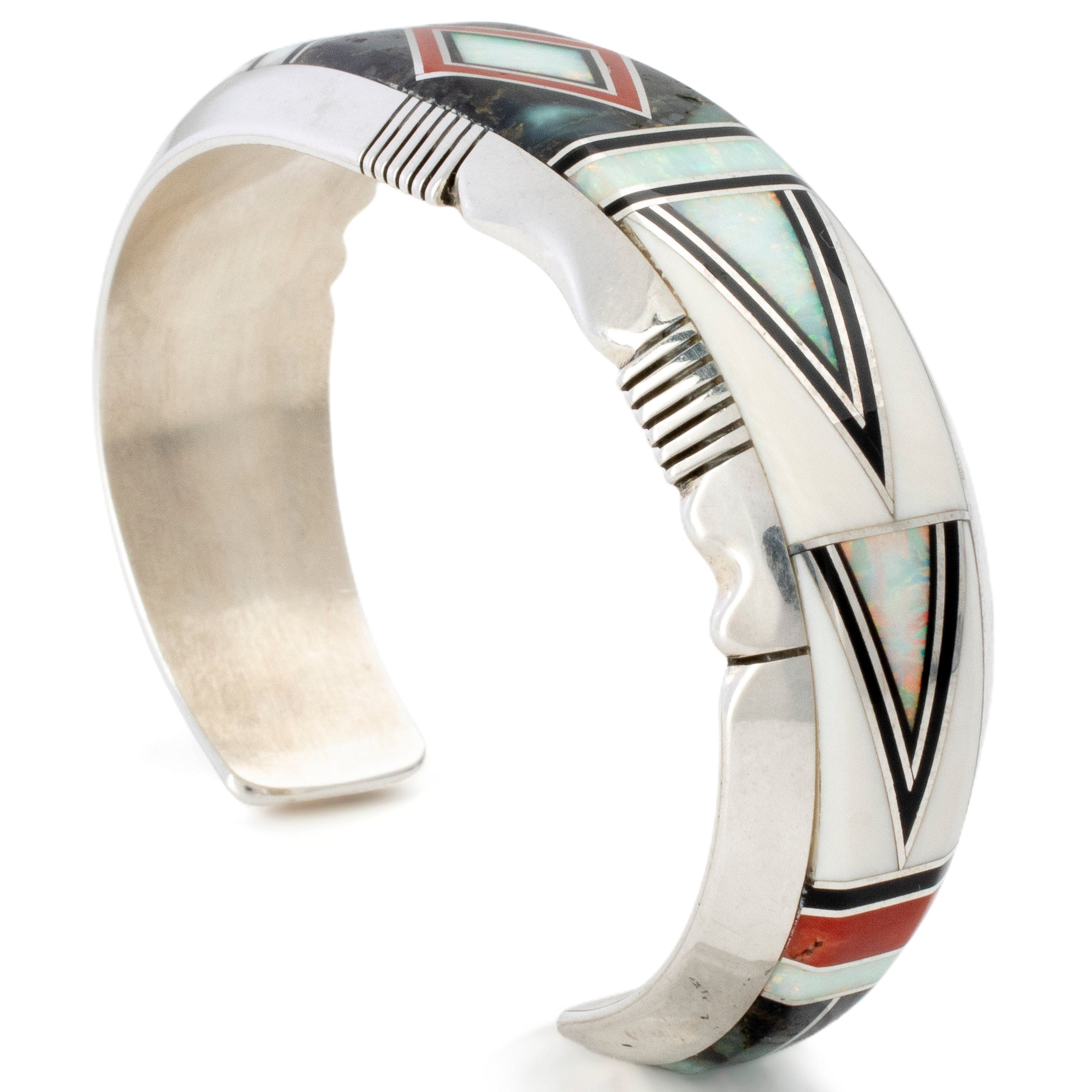 Kalifano Native American Jewelry Erik Nelson White Pristine Magnesite, White Opal, New Lander Stone, and Coral Inlay USA Native American Made 925 Sterling Silver Cuff NAB3000.013