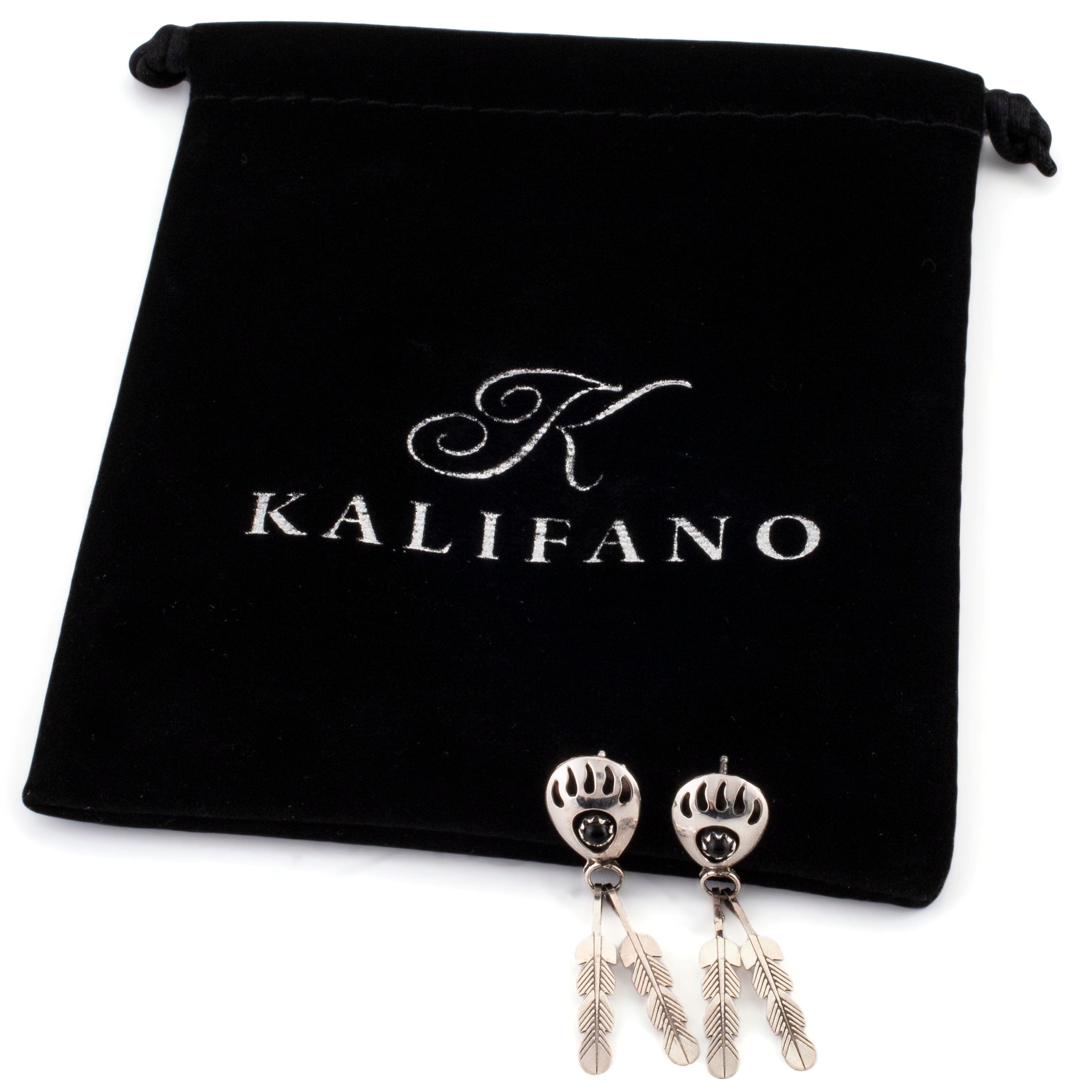 Kalifano Native American Jewelry Esther White Bear Claw with Black Onyx Inlay and Feathers USA Native American Made 925 Sterling  Silver Dangly Earrings NAE100.006