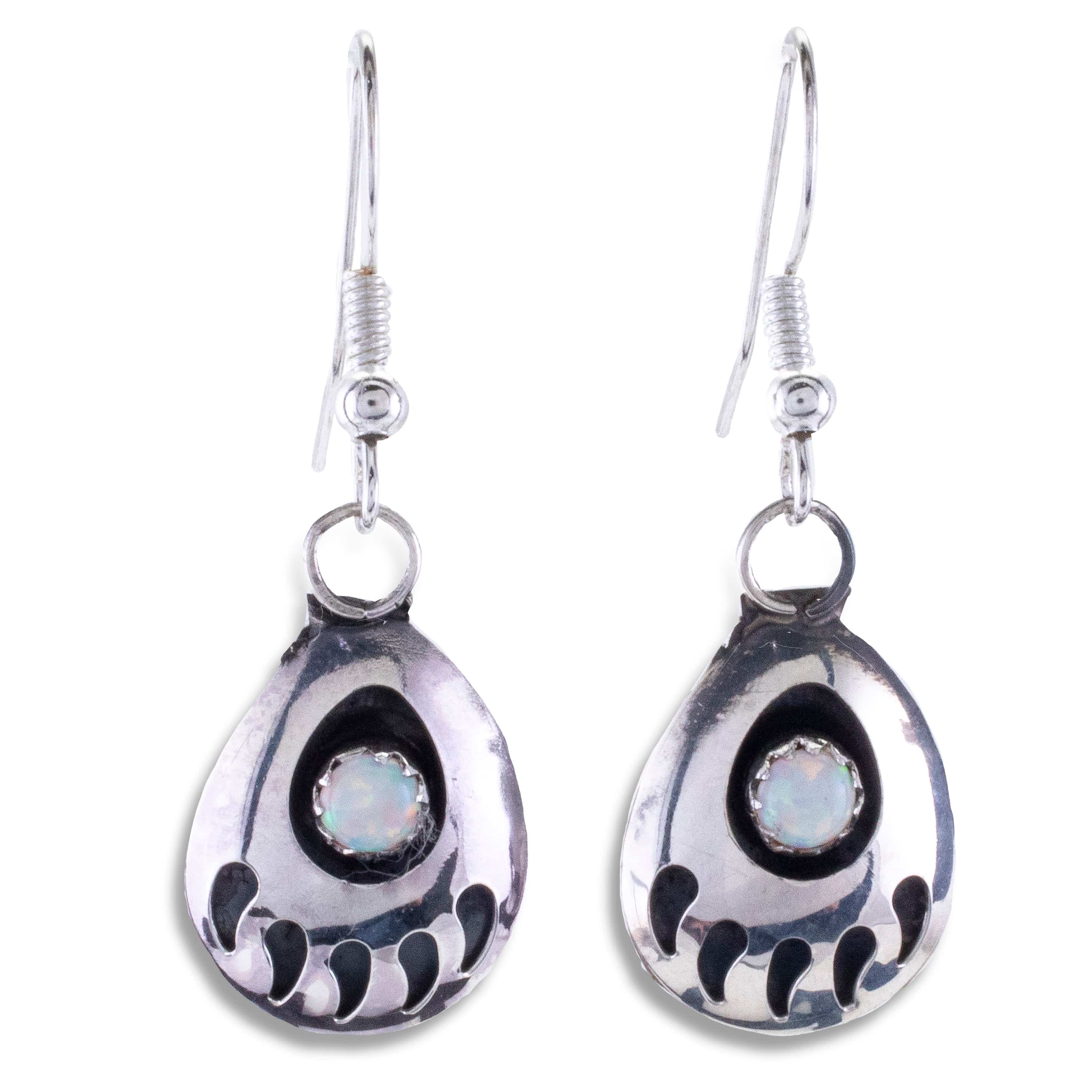 Kalifano Native American Jewelry Esther White Bear Claw with White Opal Inlay USA Native American Made 925 Sterling Silver Dangly Earrings NAE80.006