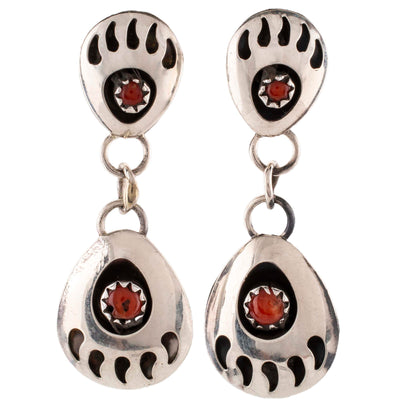 Kalifano Native American Jewelry Esther White Double Bear Claw with Coral Inlay USA Native American Made 925 Sterling Silver Dangly Earrings NAE150.012
