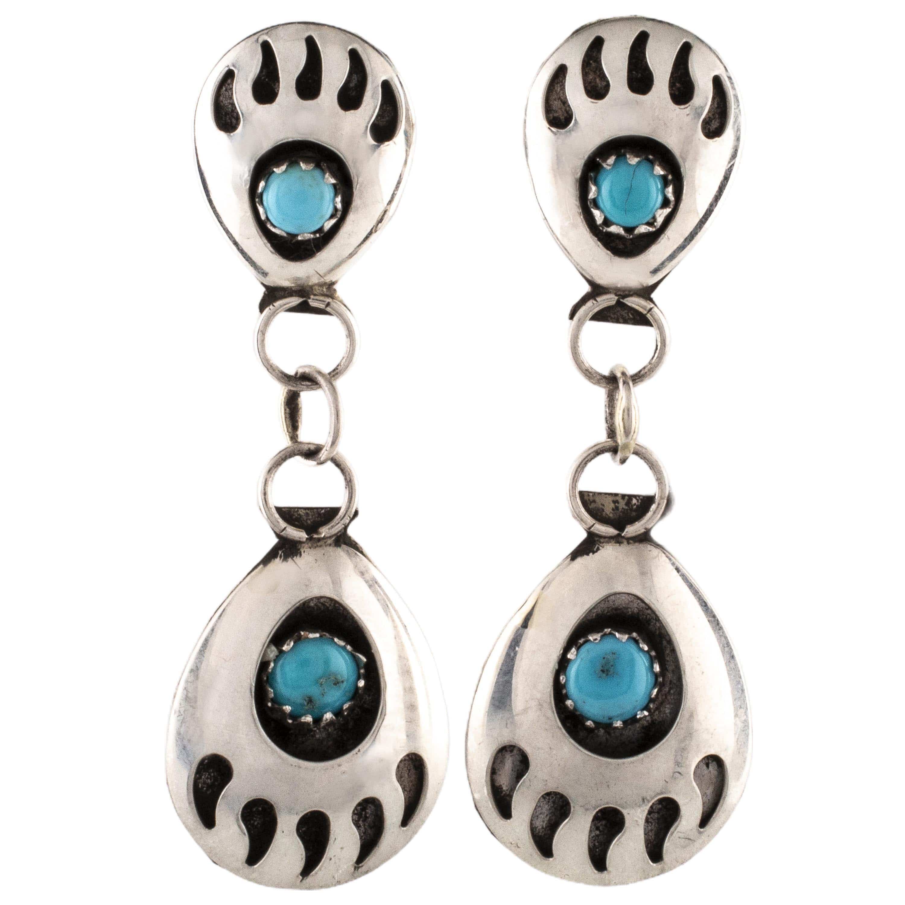 Kalifano Native American Jewelry Esther White Double Bear Claw with Turquoise Inlay USA Native American Made 925 Sterling Silver Dangly Earrings NAE150.011
