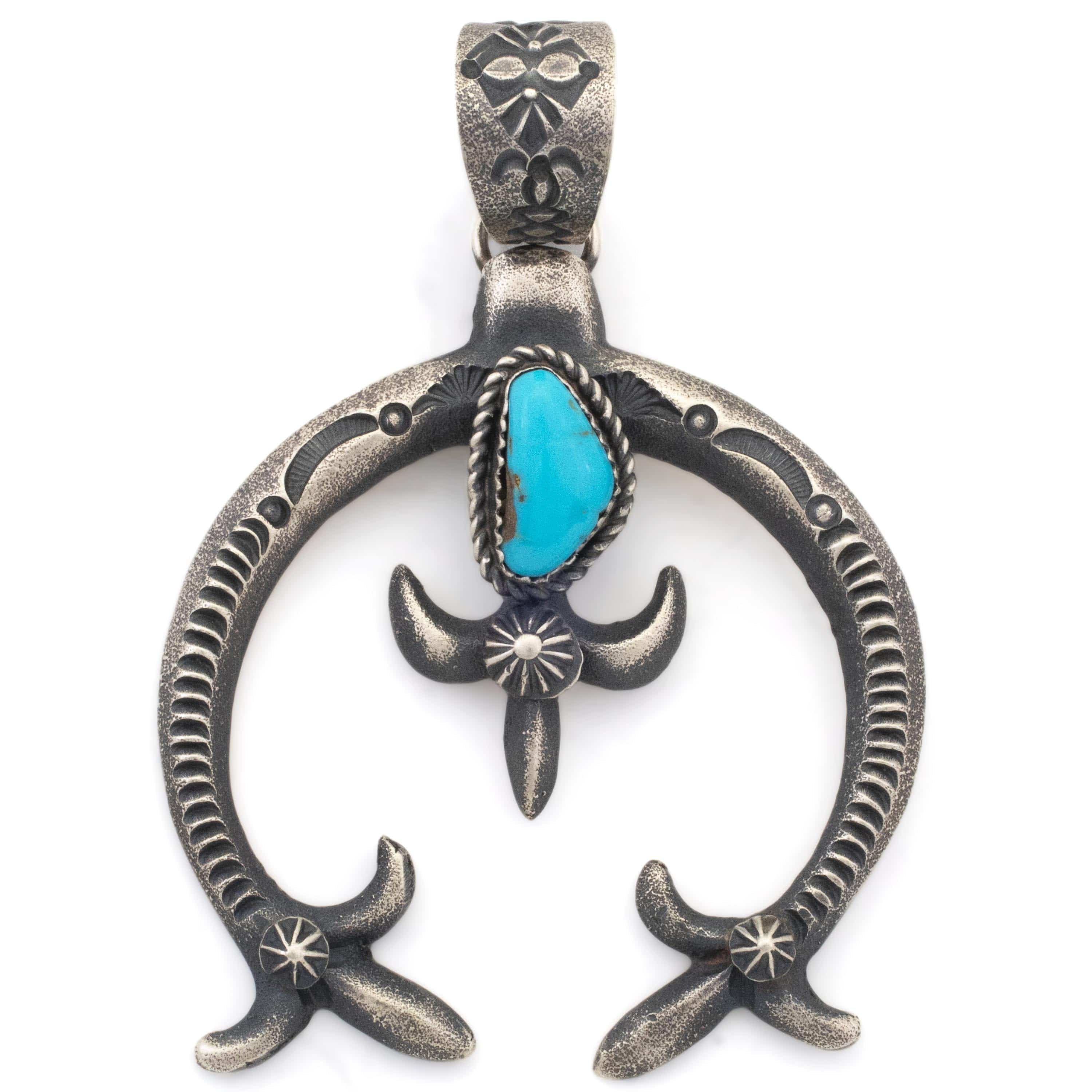 Kalifano Native American Jewelry Eva Billah Navajo Kingman Turquoise Squash Blossom USA Native American Made 925 Sterling Silver Pendant NAN1000.003