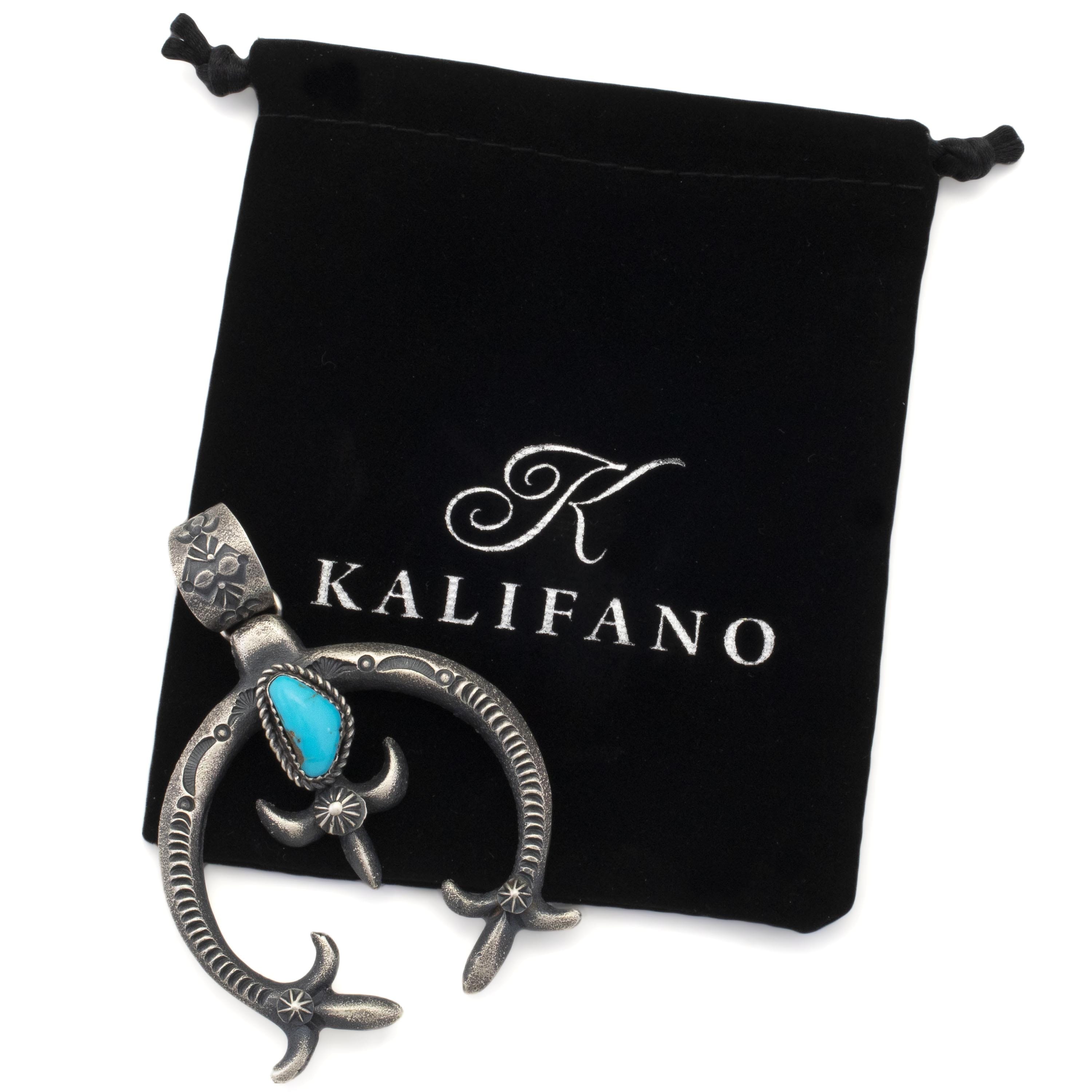 Kalifano Native American Jewelry Eva Billah Navajo Kingman Turquoise Squash Blossom USA Native American Made 925 Sterling Silver Pendant NAN1000.003