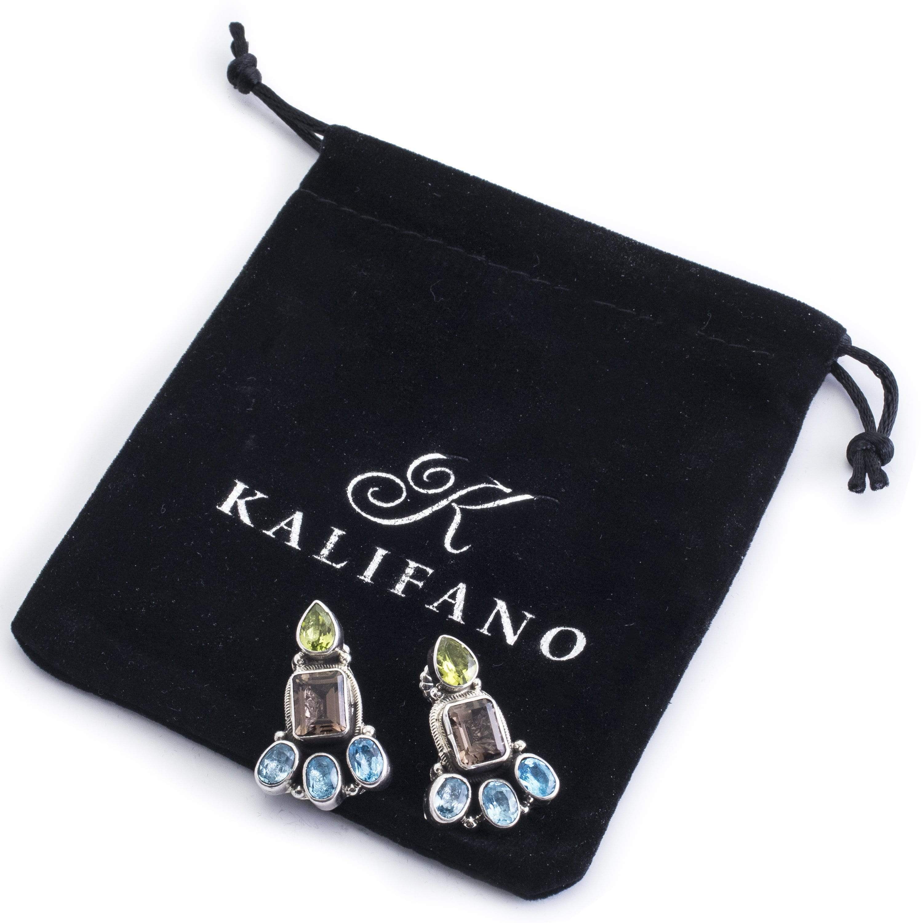 Kalifano Native American Jewelry Geraldine James Peridot, Smoky Tapaz, and Blue Topaz Zuni USA Native American Made 925 Sterling Silver Earrings with Stud Backing NAE500.004