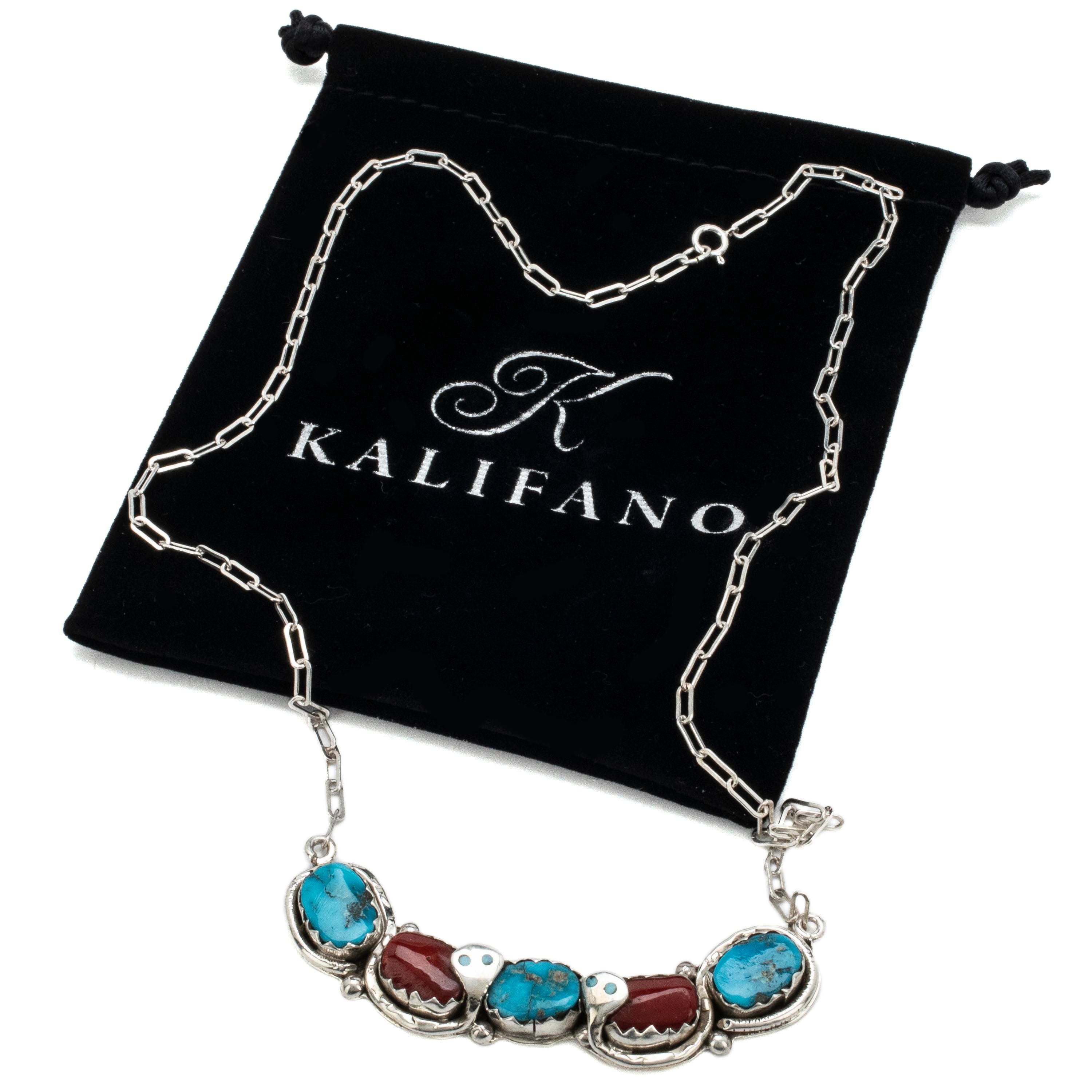 Kalifano Native American Jewelry Gloria G. Kingman Turquoise and Coral Serpentine Zuni USA Native American Made 925 Sterling Silver Necklace NAN1600.002