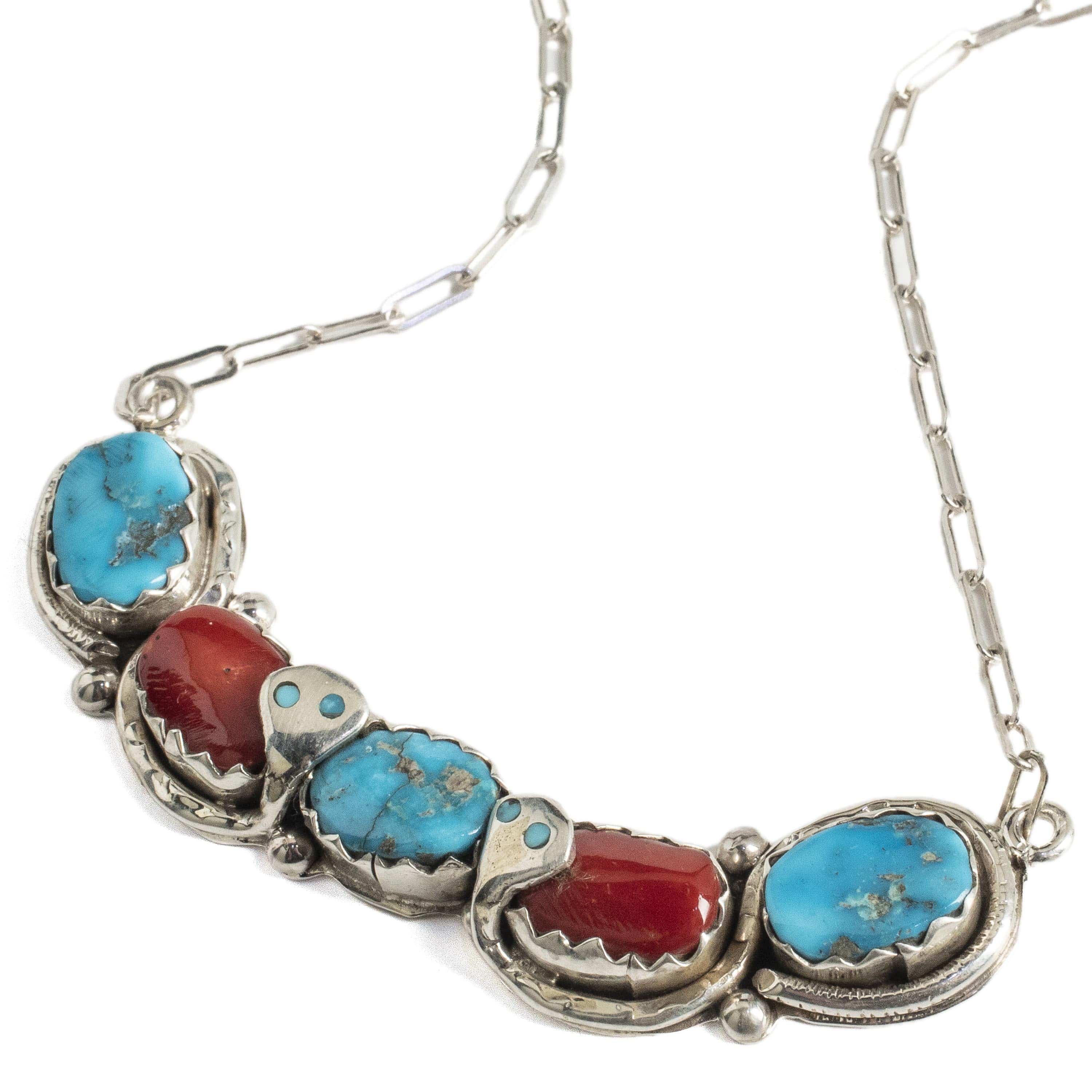 Kalifano Native American Jewelry Gloria G. Kingman Turquoise and Coral Serpentine Zuni USA Native American Made 925 Sterling Silver Necklace NAN1600.002