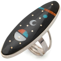 Harold Smith Navajo Jet, Mother of Pearl, Turquoise, and Orange Spiny Oyster Shell Inlay USA Native American Made 925 Sterling Silver Ring Main Image