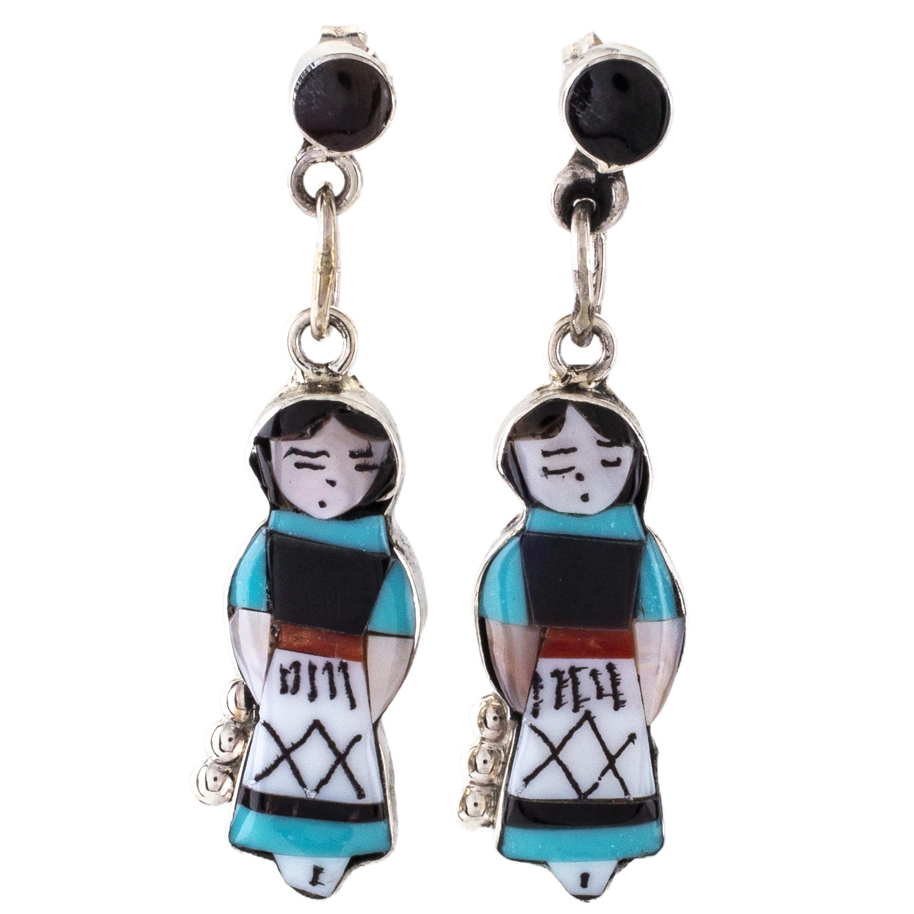 Kalifano Native American Jewelry Joyce Waseta Zuni Maiden with Mother of Pearl, Turquoise, Black Onyx, and Coral USA Native American Made 925 Sterling Silver Dangly Earrings NAE400.022