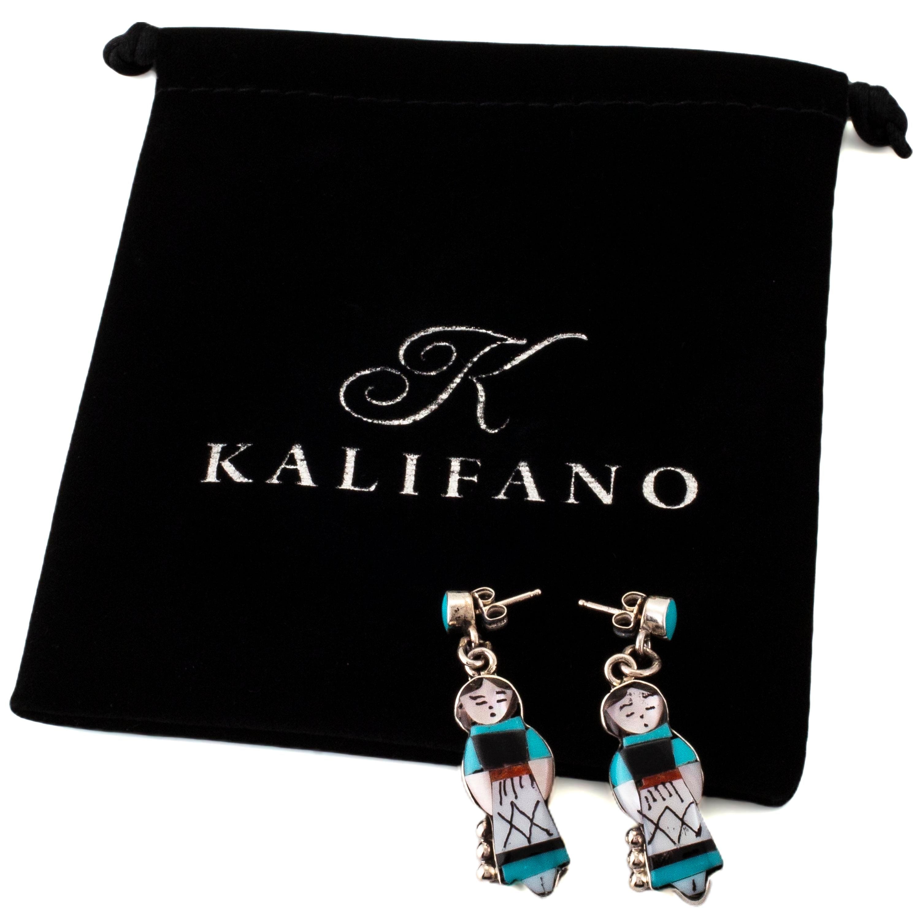 Kalifano Native American Jewelry Joyce Waseta Zuni Maiden with Mother of Pearl, Turquoise, Black Onyx, and Coral USA Native American Made 925 Sterling Silver Dangly Earrings NAE400.023