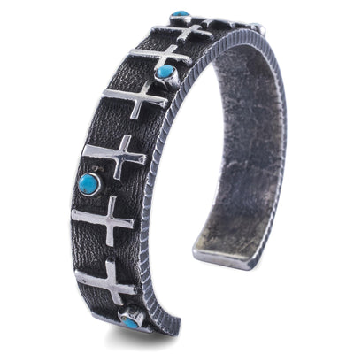 Kalifano Native American Jewelry Kingman Turquoise and Crosses USA Native American Made 925 Sterling Silver Cuff NAB1500.001