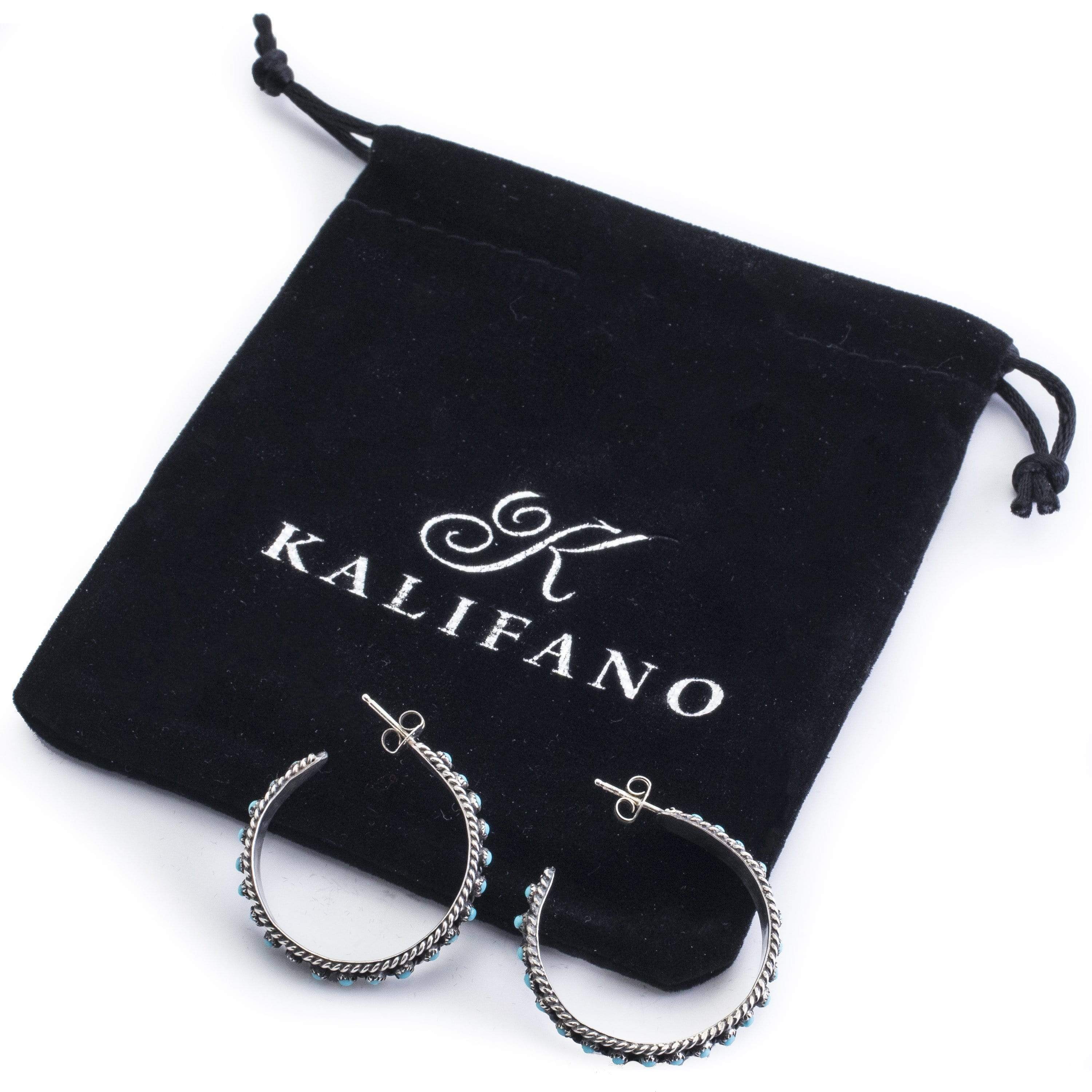 Kalifano Native American Jewelry Kingman Turquoise Petit Point USA Native American Made 925 Sterling Silver Hoop Earrings with Stud Backing NAE500.003