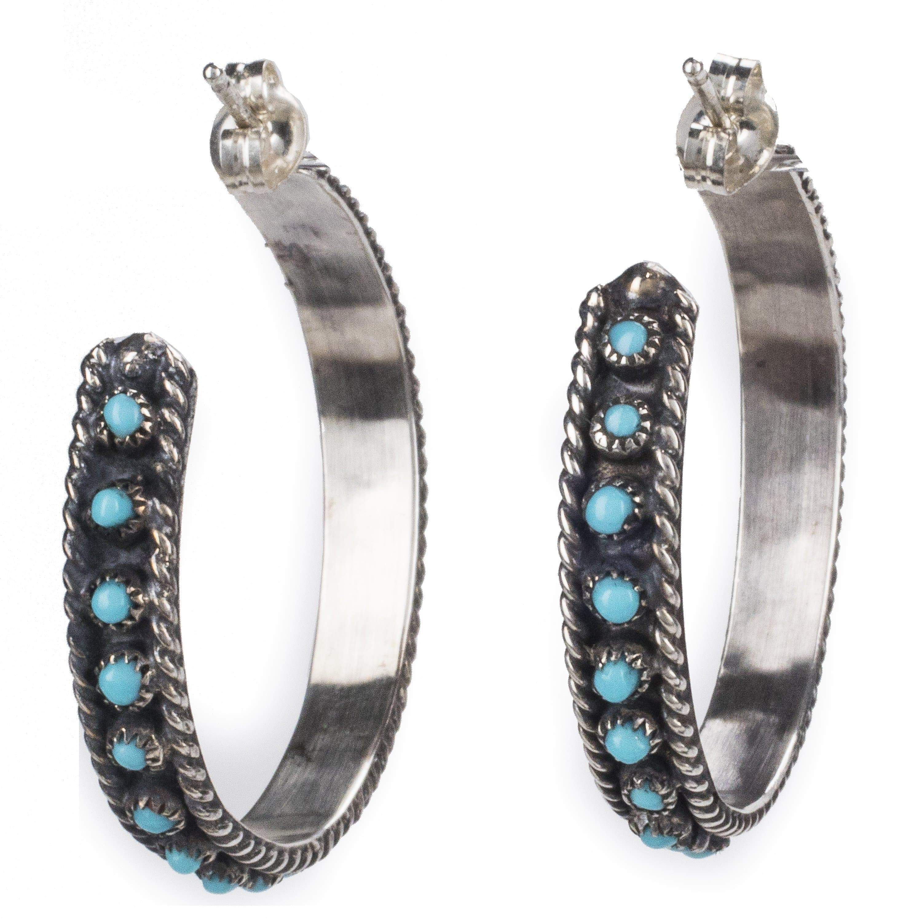 Kalifano Native American Jewelry Kingman Turquoise Petit Point USA Native American Made 925 Sterling Silver Hoop Earrings with Stud Backing NAE500.003