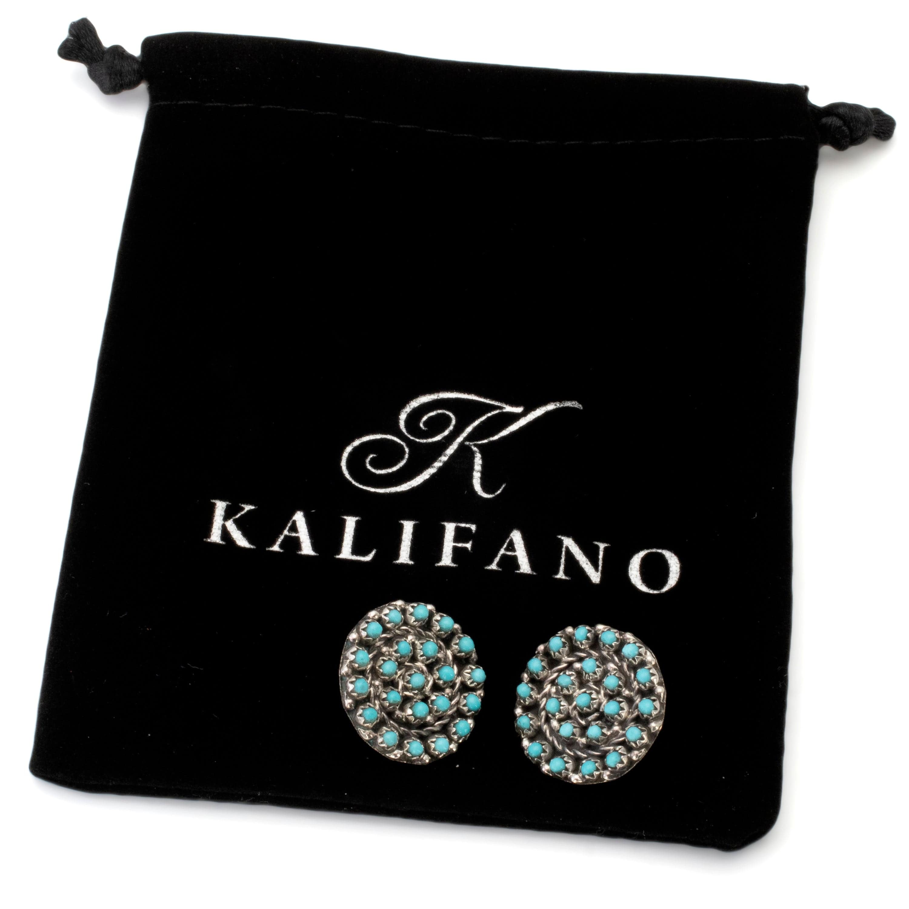 Kalifano Native American Jewelry Kingman Turquoise Zuni Circular Petit Point USA Native American Made Sterling Silver Earrings with Stud Backing NAE800.004