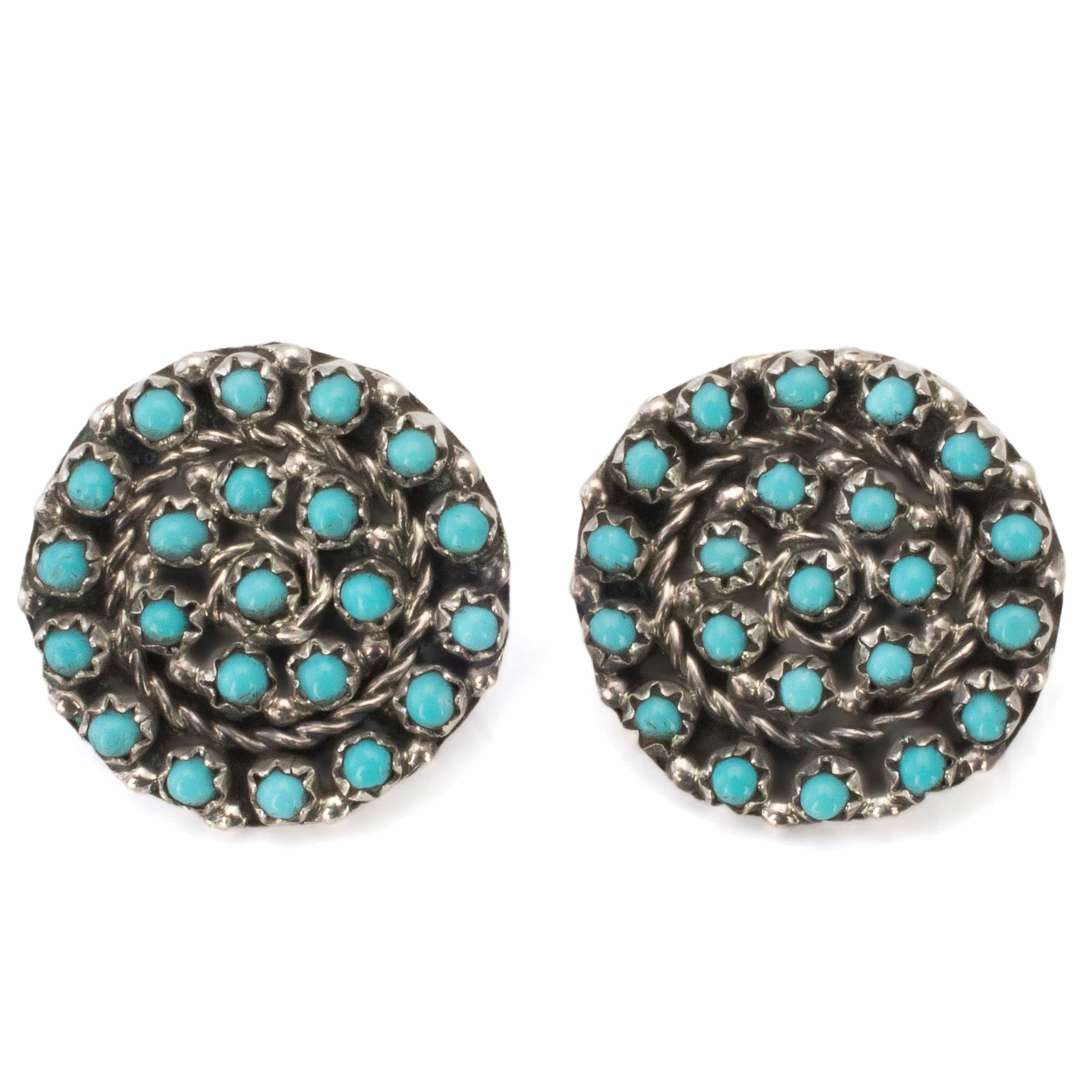 Kalifano Native American Jewelry Kingman Turquoise Zuni Circular Petit Point USA Native American Made Sterling Silver Earrings with Stud Backing NAE800.004