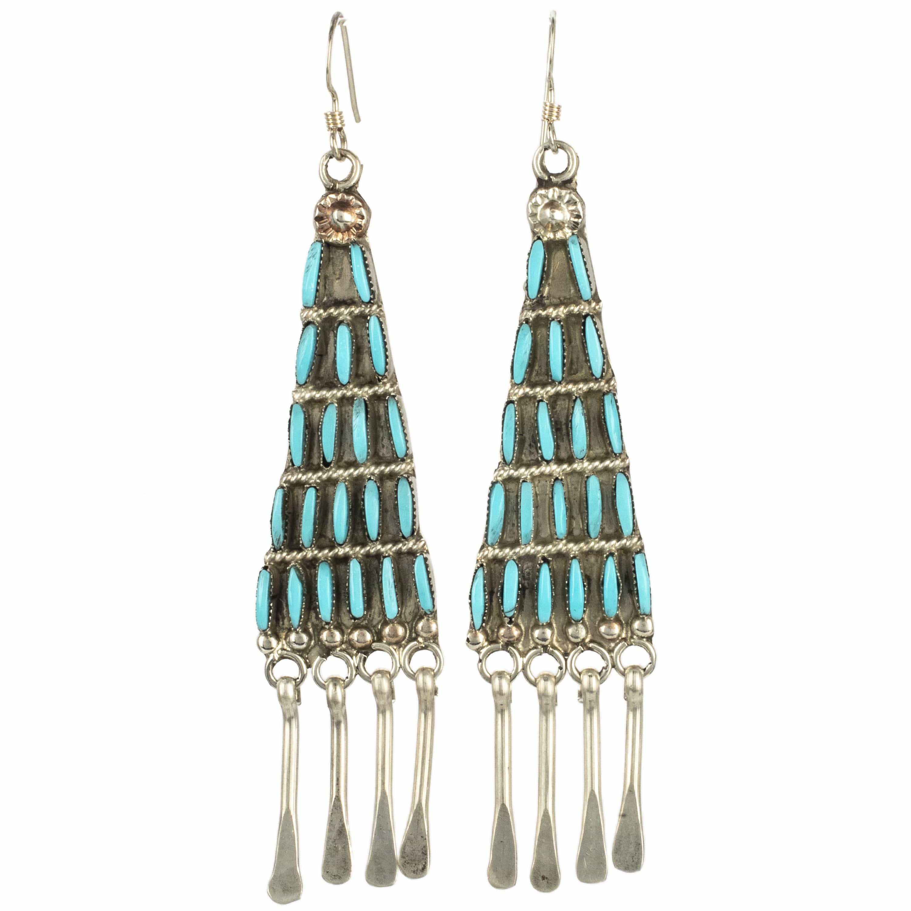 Kalifano Native American Jewelry Kingman Turquoise Zuni Needle Point Triangle Dangly USA Native American Made Sterling Silver Earrings NAE1100.004