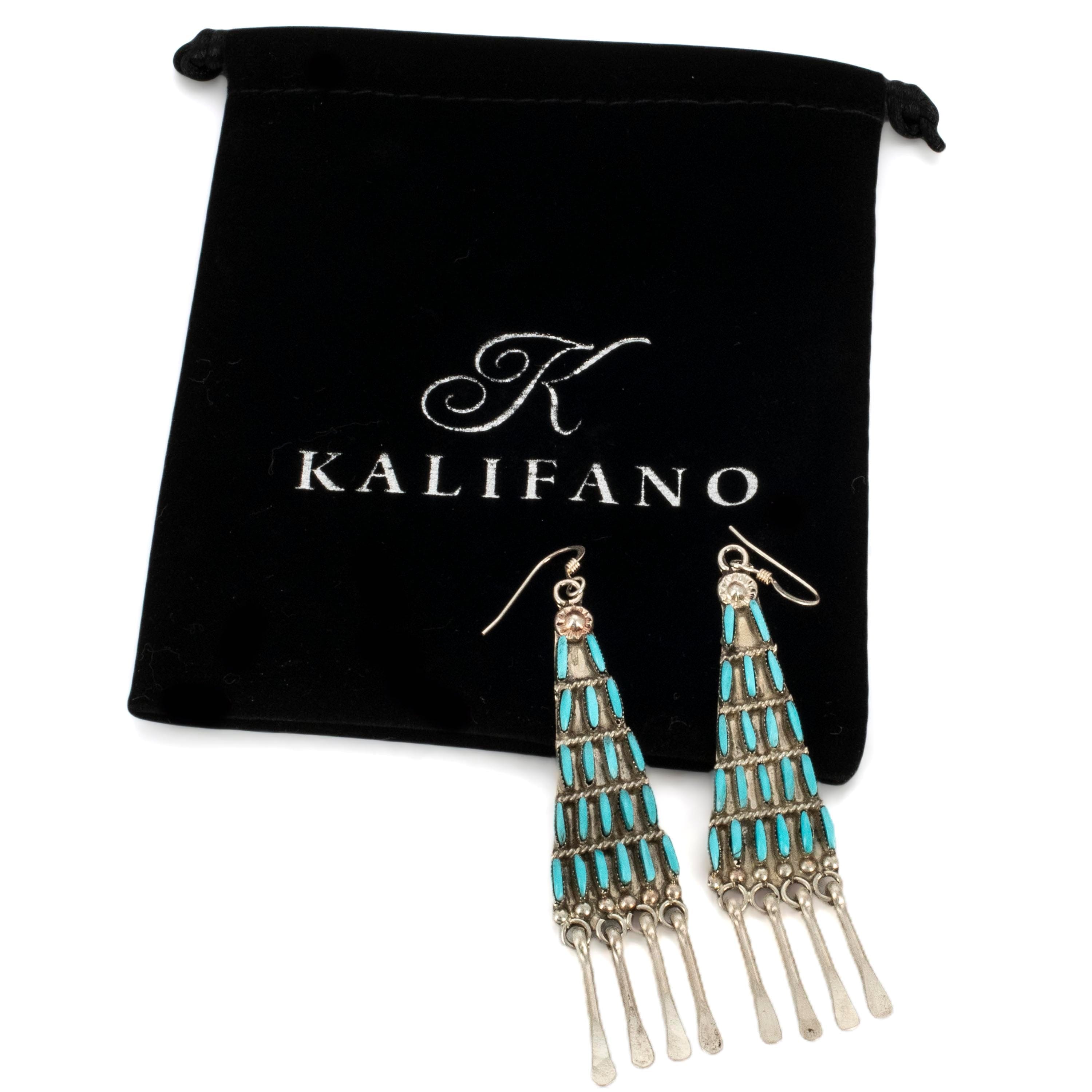 Kalifano Native American Jewelry Kingman Turquoise Zuni Needle Point Triangle Dangly USA Native American Made Sterling Silver Earrings NAE1100.004