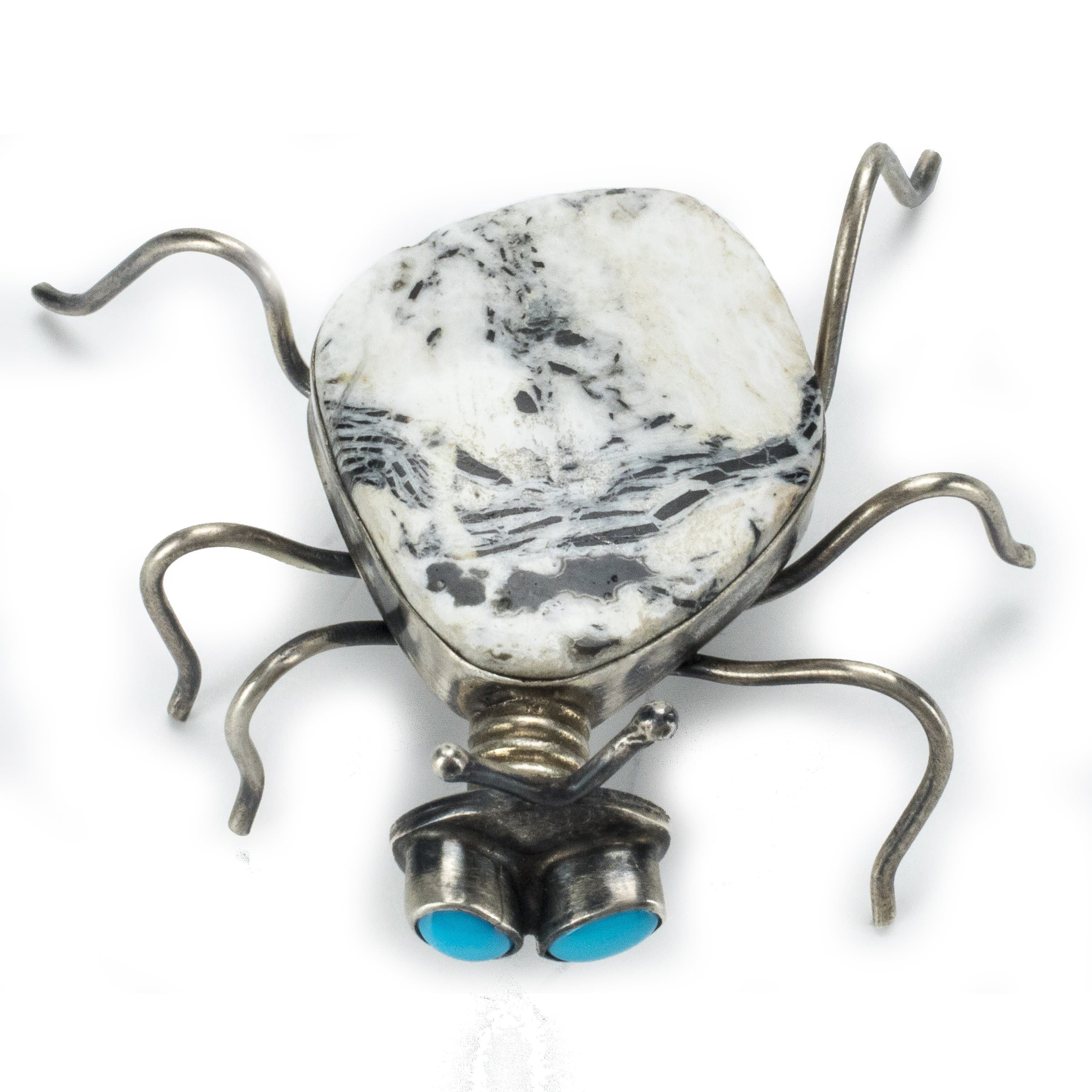 Kalifano Native American Jewelry L. Juan White Buffalo Turquoise with Sleeping Beauty Turquoise USA Native American Made 925 Sterling Silver Spider Pin NAP850.001