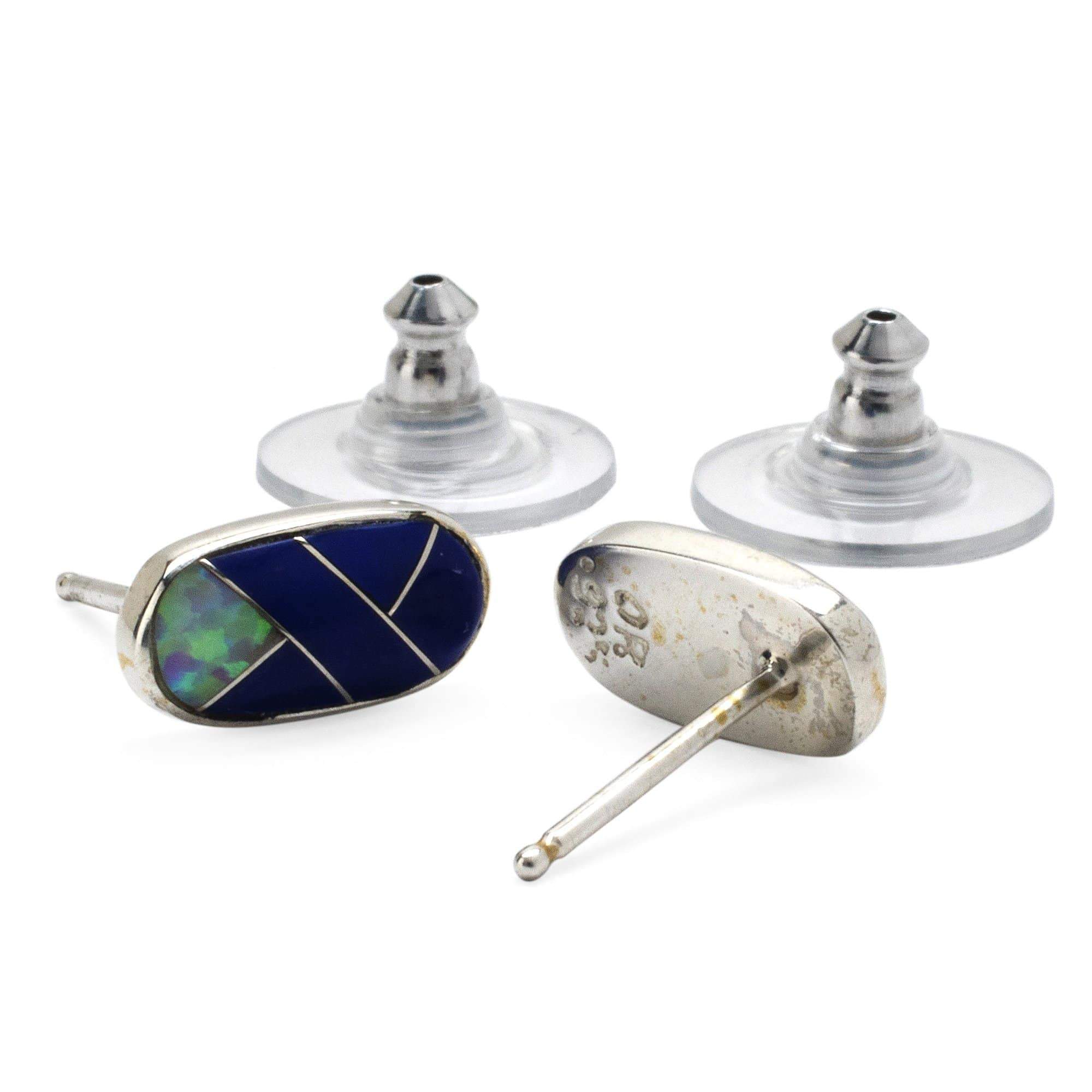 Kalifano Native American Jewelry Lapis Oval 925 Sterling Silver Earring with Stud Backing USA USA Handmade with Opal Accent NME.2238.LP
