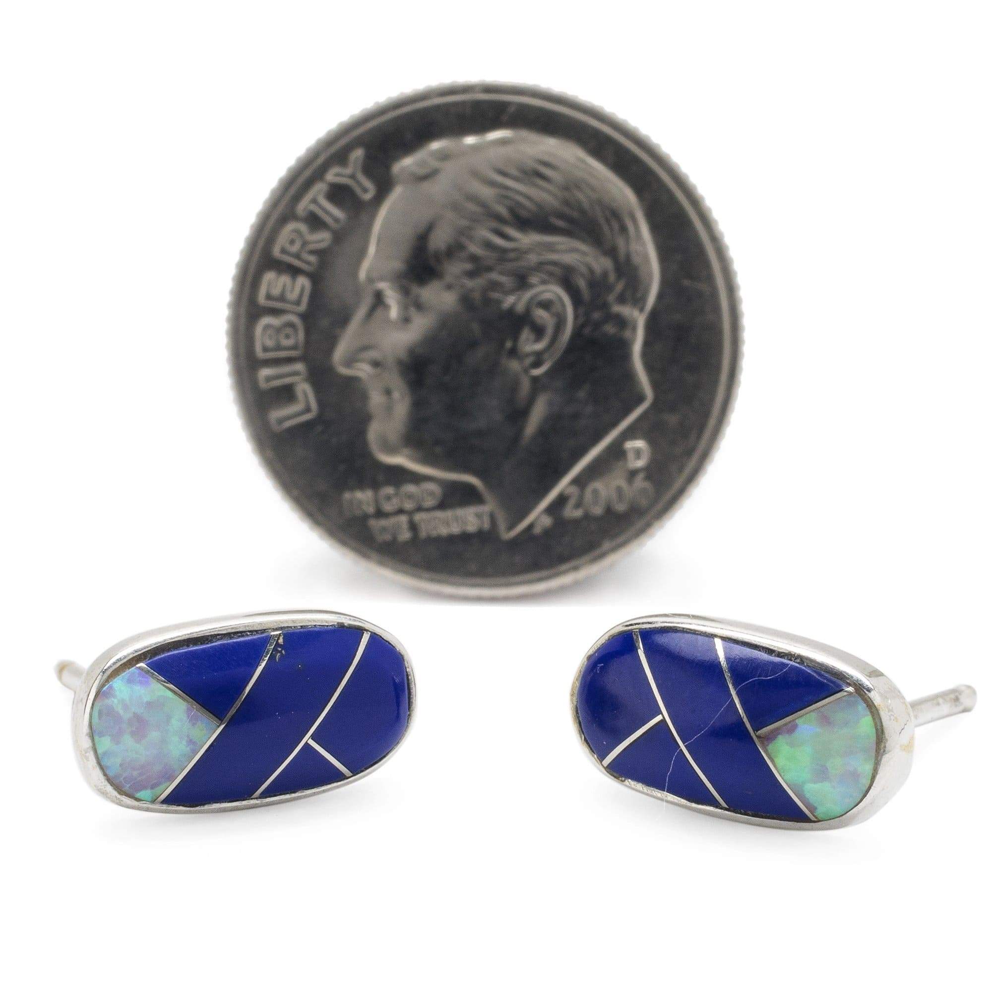 Kalifano Native American Jewelry Lapis Oval 925 Sterling Silver Earring with Stud Backing USA USA Handmade with Opal Accent NME.2238.LP