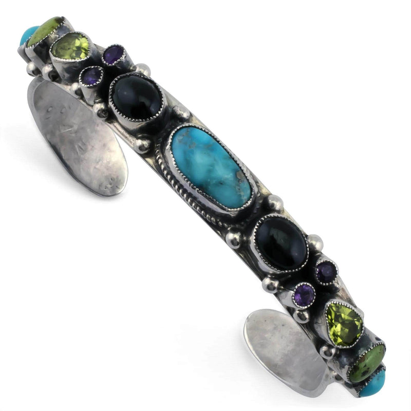 Kalifano Native American Jewelry Leo Feeney Campitos Turquoise, Onyx, Amethyst, and Peridot USA Native American Made 925 Sterling Silver Cuff NAB1300.001