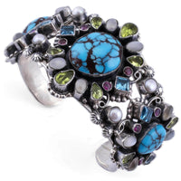 Leo Feeney Prince Turquoise, Pink Garnet, Blue Topaz, Peridot, and Mother of Pearl USA Native American Made 925 Sterling Silver Cuff Main Image