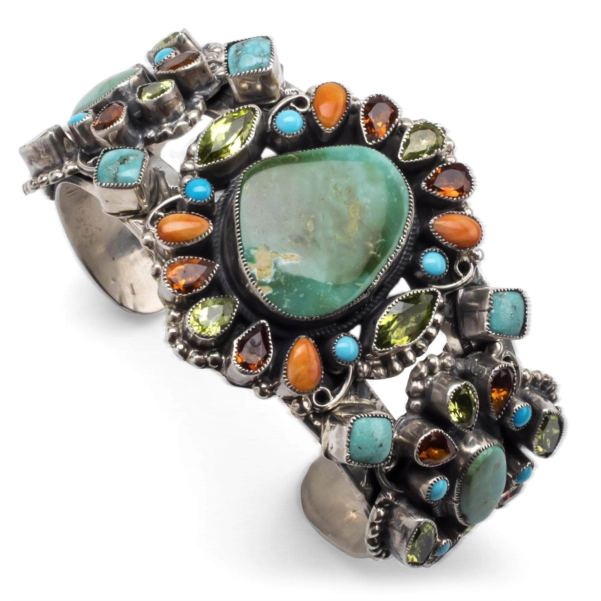 Kalifano Native American Jewelry Leo Feeney Royston & Sleeping Beauty Turquoise, Orange Spiny Oyster Shell, Peridot, and Hessonite USA Native American Made 925 Sterling Silver Cuff NAB4500.002