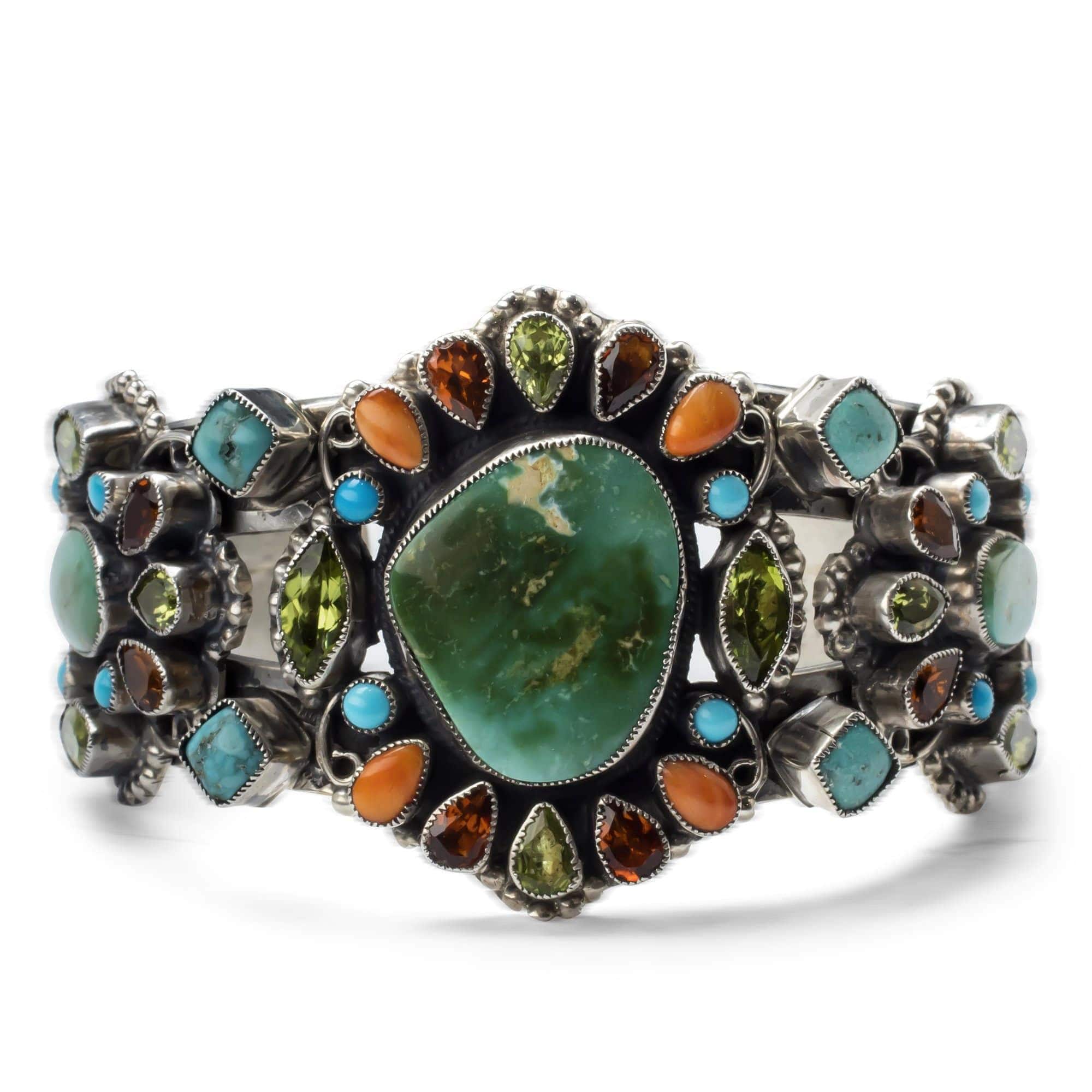 Kalifano Native American Jewelry Leo Feeney Royston & Sleeping Beauty Turquoise, Orange Spiny Oyster Shell, Peridot, and Hessonite USA Native American Made 925 Sterling Silver Cuff NAB4500.002