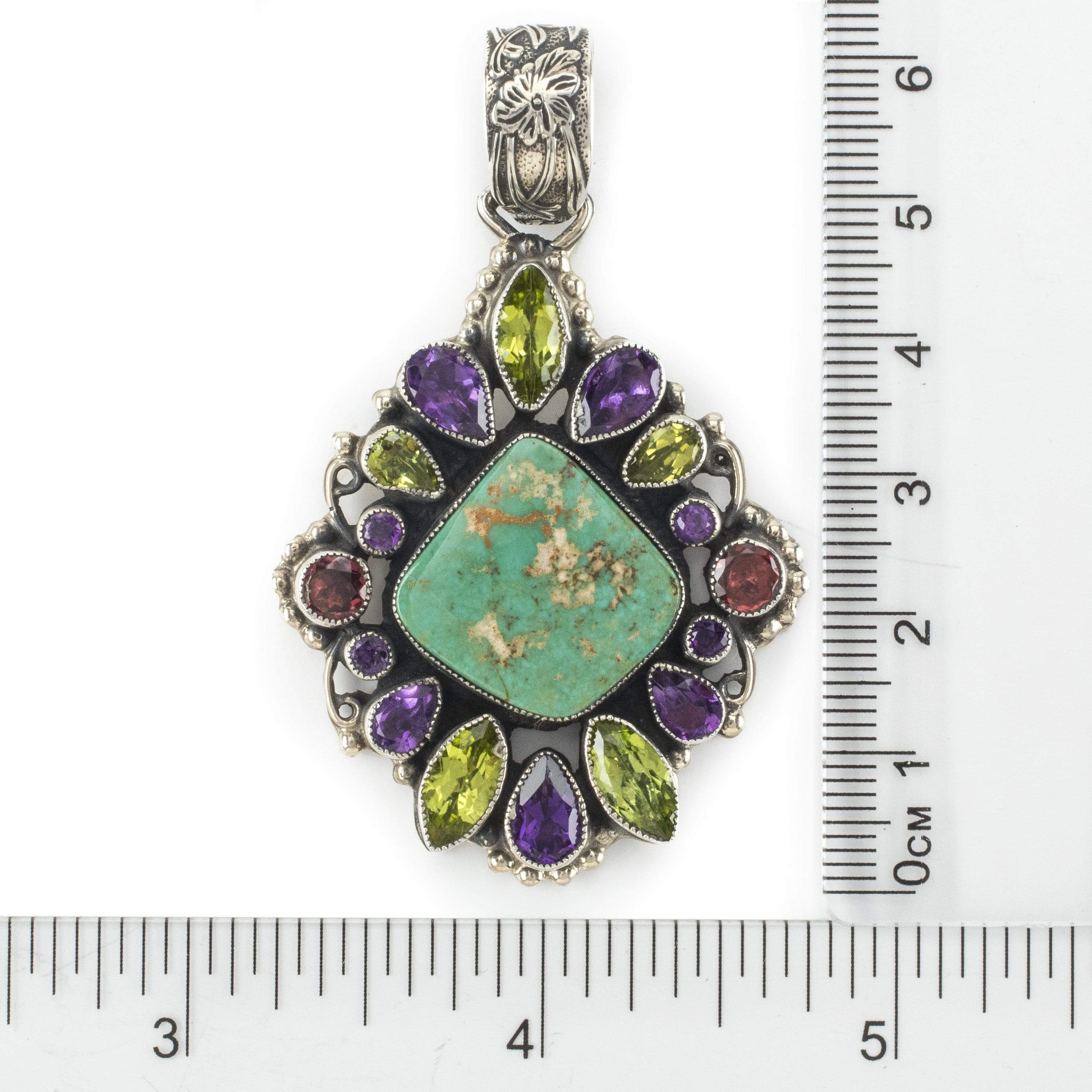 Kalifano Native American Jewelry Leo Feeney Royston Turquoise, Amethyst, and Peridot USA Native American Made 925 Sterling Silver Pendant NAN2400.012