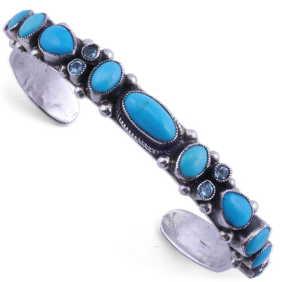 Kalifano Native American Jewelry Leo Feeney Sleeping Beauty Turquoise and Blue Topaz USA Native American Made 925 Sterling Silver Cuff NAB1800.010