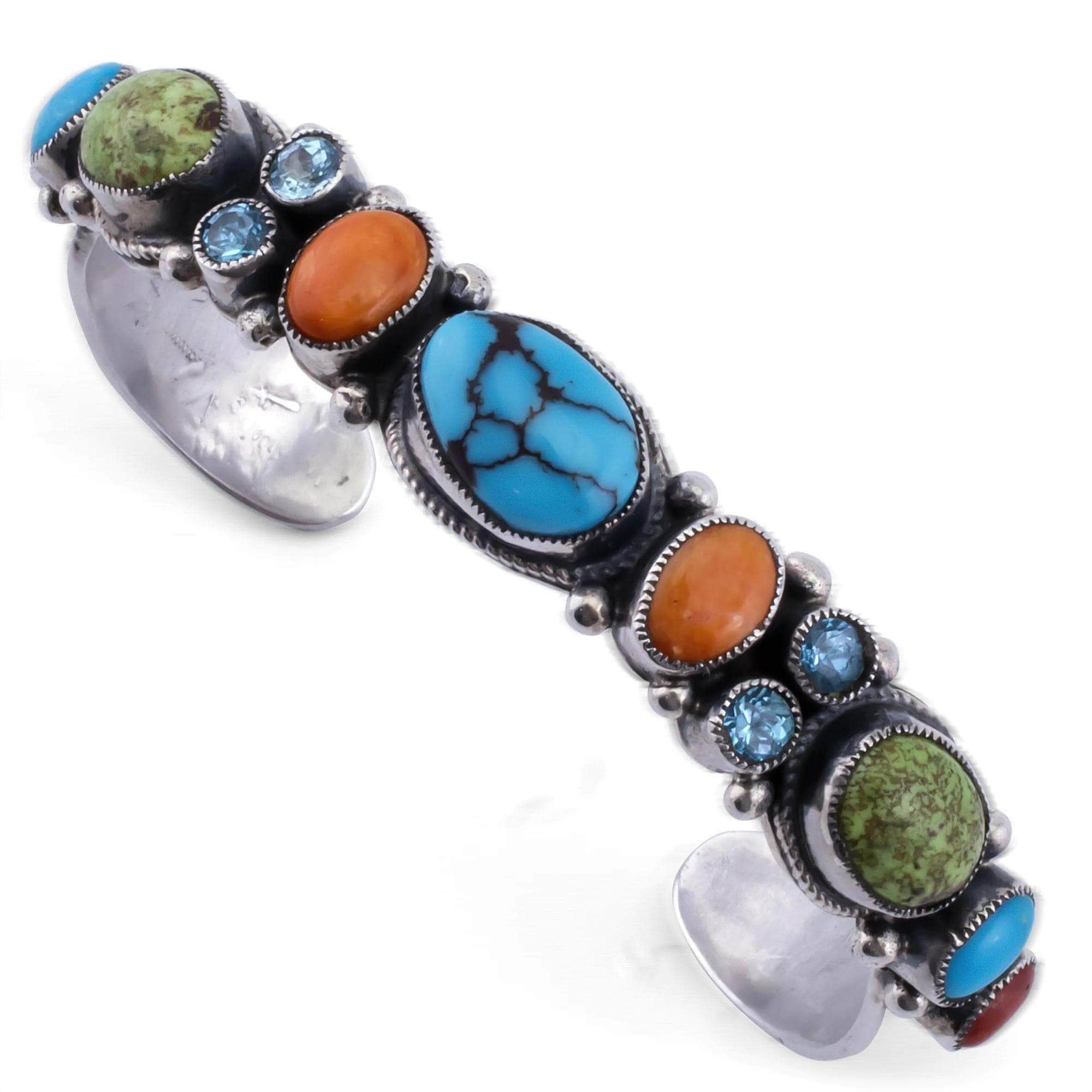 Kalifano Native American Jewelry Leo Feeney Sleeping Beauty Turquoise, Blue Topaz, Spiny Oyster Shell, and Gaspite USA Native American Made 925 Sterling Silver Cuff NAB1800.009
