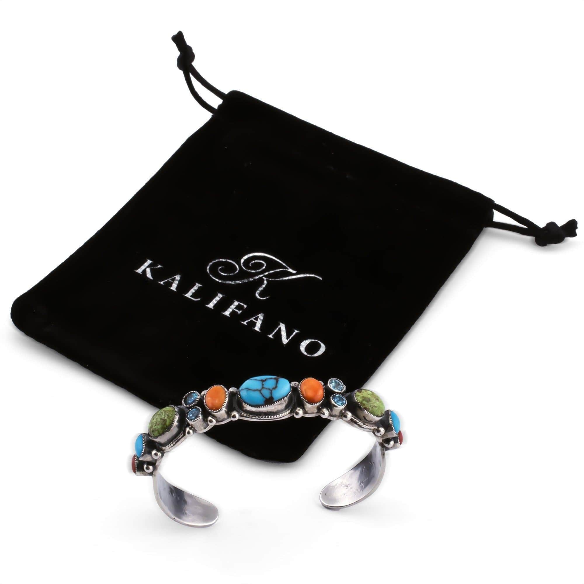 Kalifano Native American Jewelry Leo Feeney Sleeping Beauty Turquoise, Blue Topaz, Spiny Oyster Shell, and Gaspite USA Native American Made 925 Sterling Silver Cuff NAB1800.009
