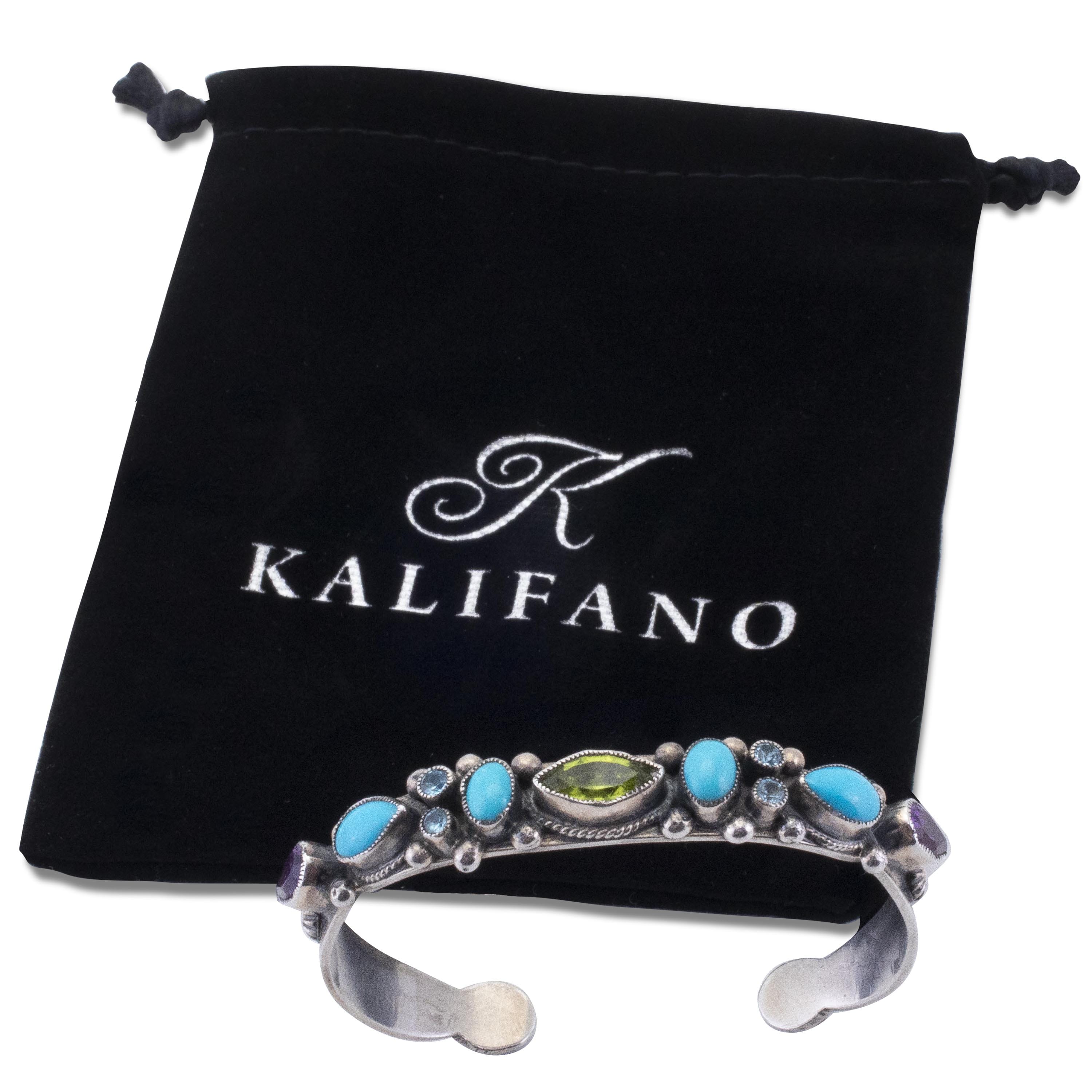 Kalifano Native American Jewelry Leo Feeney Sleeping Beauty Turquoise, Peridot, Amethyst, and Blue Topaz USA Native American Made 925 Sterling Silver Cuff NAB1800.027