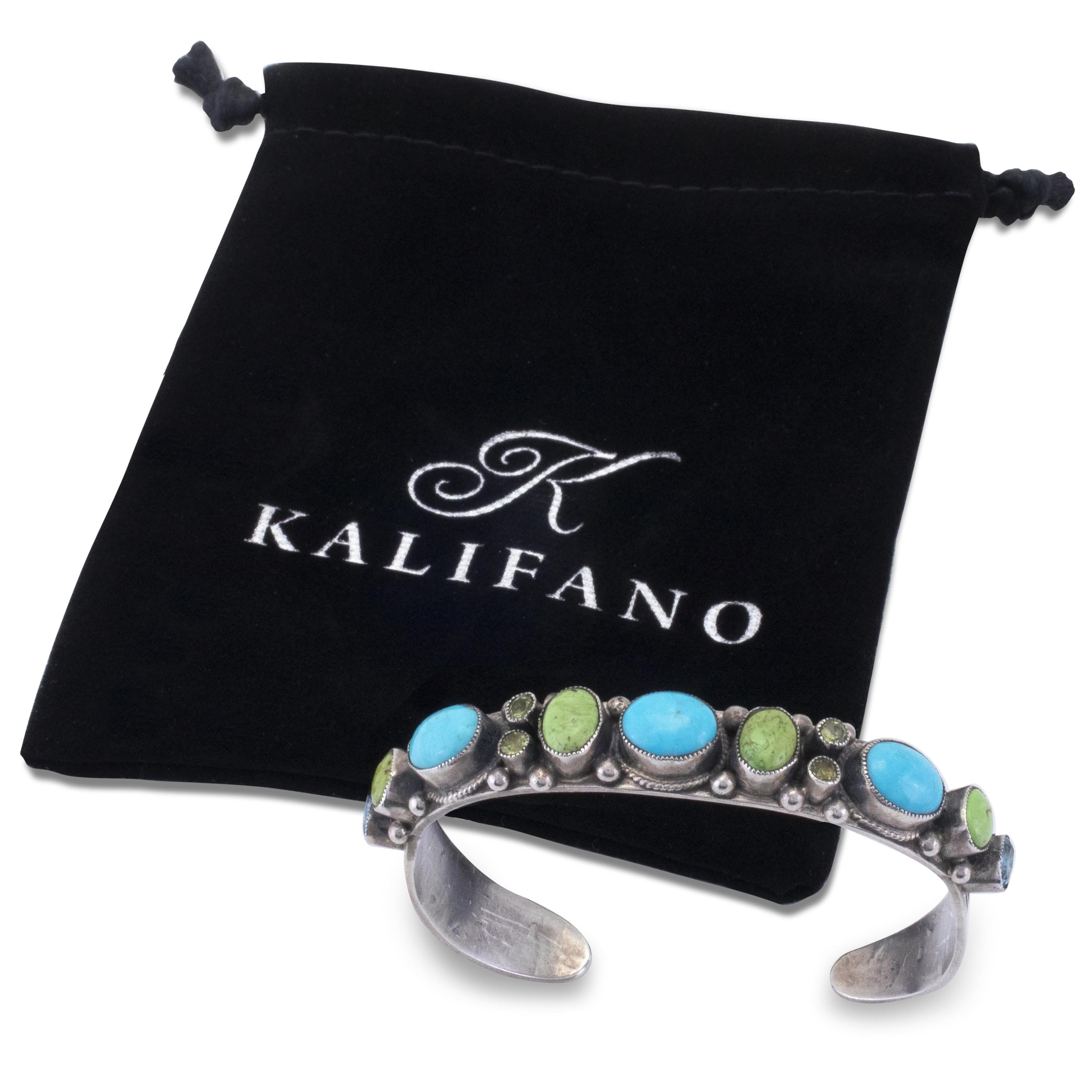 Kalifano Native American Jewelry Leo Feeney Sleeping Beauty Turquoise, Peridot, Gaspite, and Blue Topaz USA Native American Made 925 Sterling Silver Cuff NAB2400.012