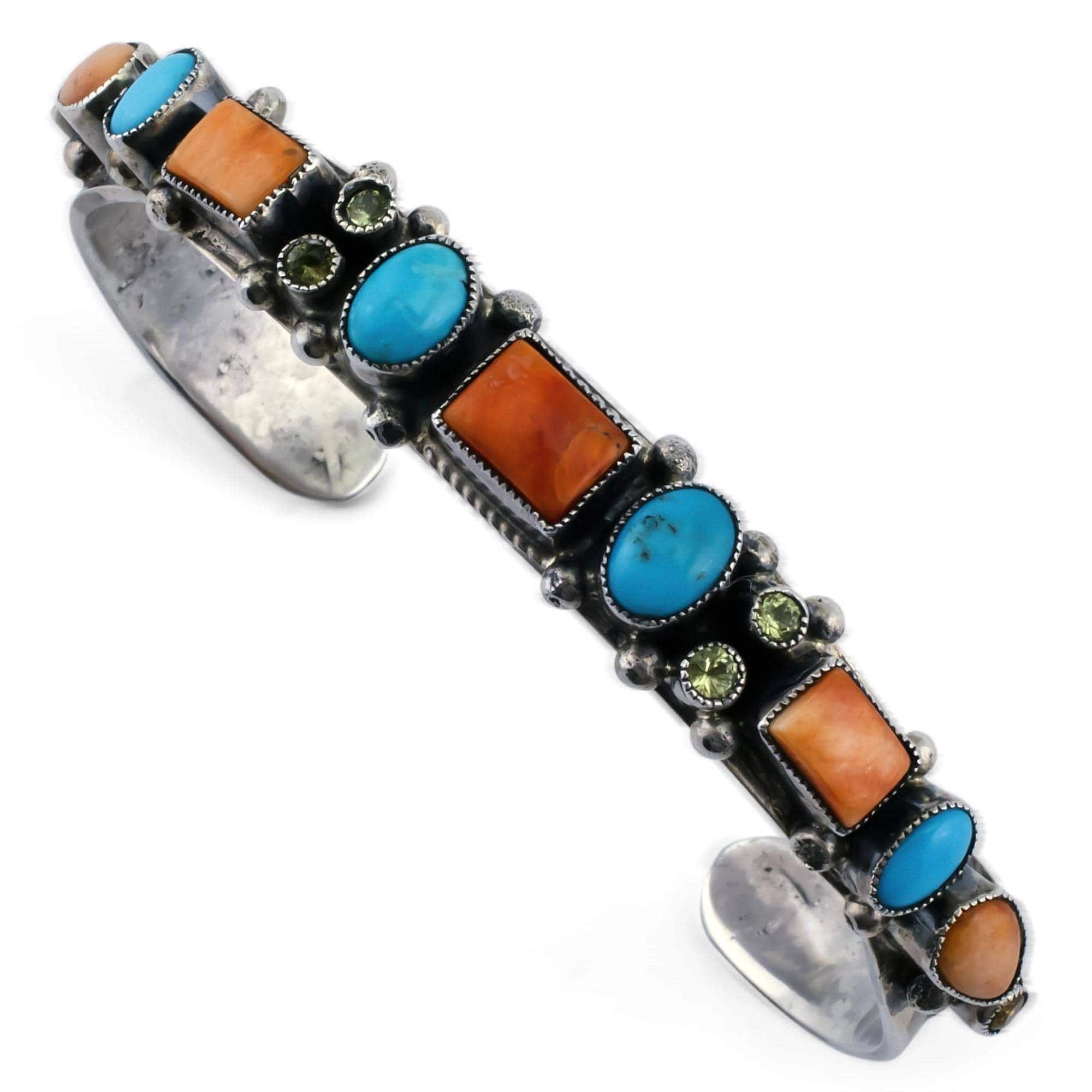 Kalifano Native American Jewelry Leo Feeney Sleeping Beauty Turquoise, Spiny Oyster Shell, and Peridot USA Native American Made 925 Sterling Silver Cuff NAB1600.002