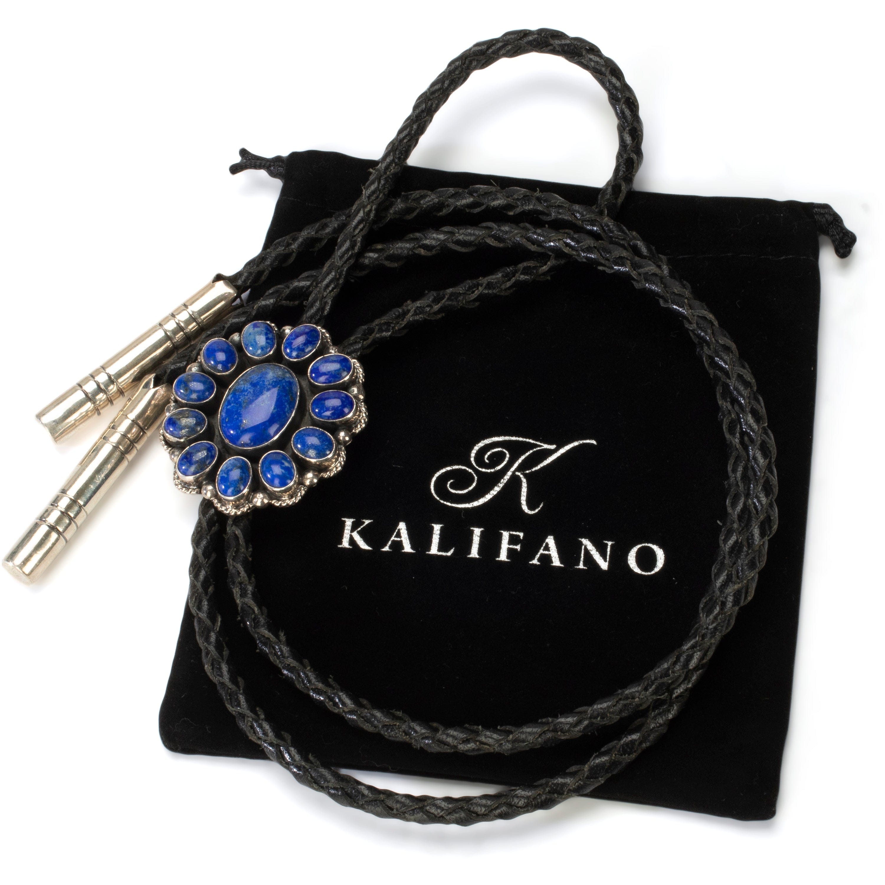 Kalifano Native American Jewelry Lewistus Silversmith Navajo Lapis Flower USA Native American Made 925 Sterling Silver Bolo Tie NABT2200.001