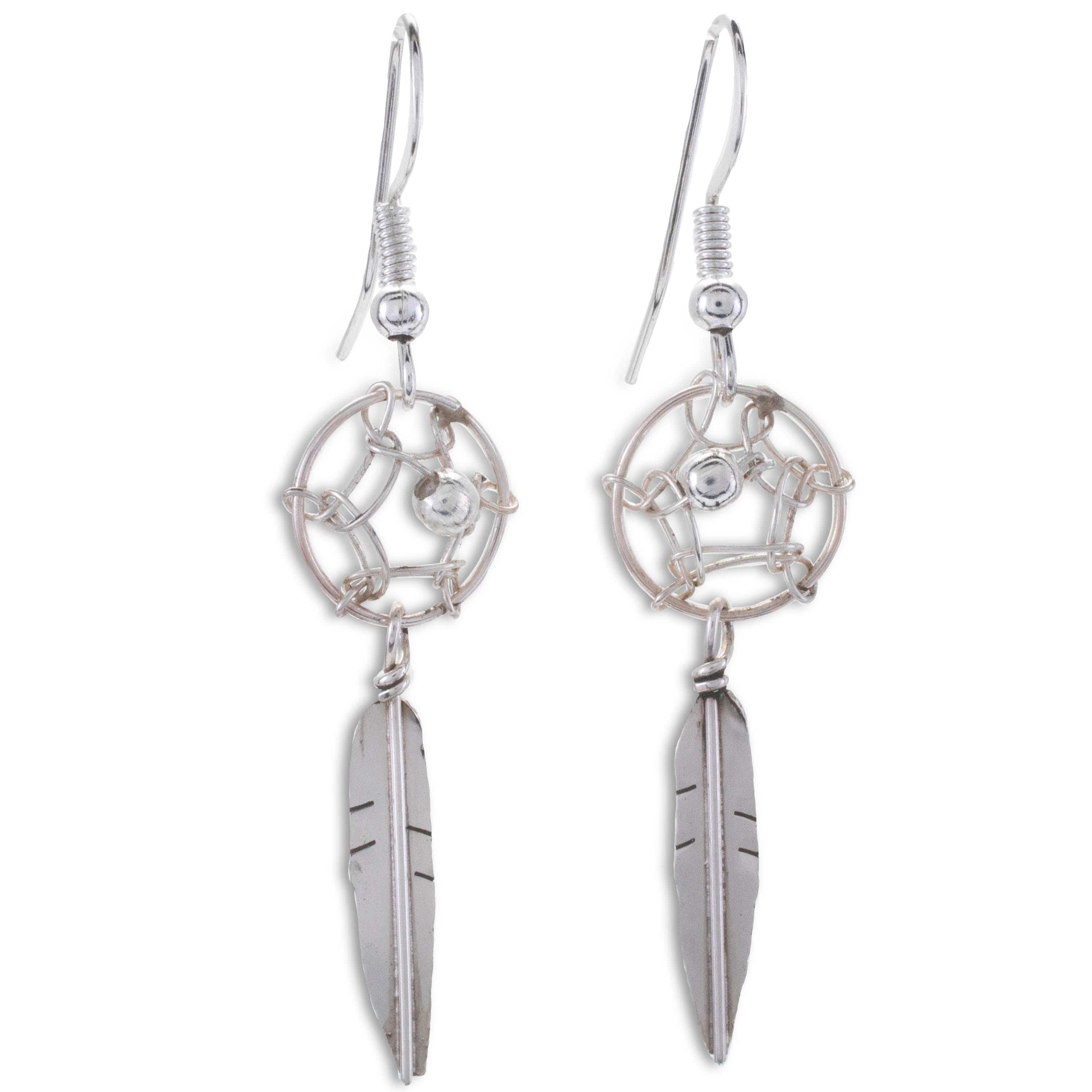 Kalifano Native American Jewelry Lorenzo Arviso Dream Catcher USA Native American Made 925 Sterling Silver Dangly Earrings NAE60.005