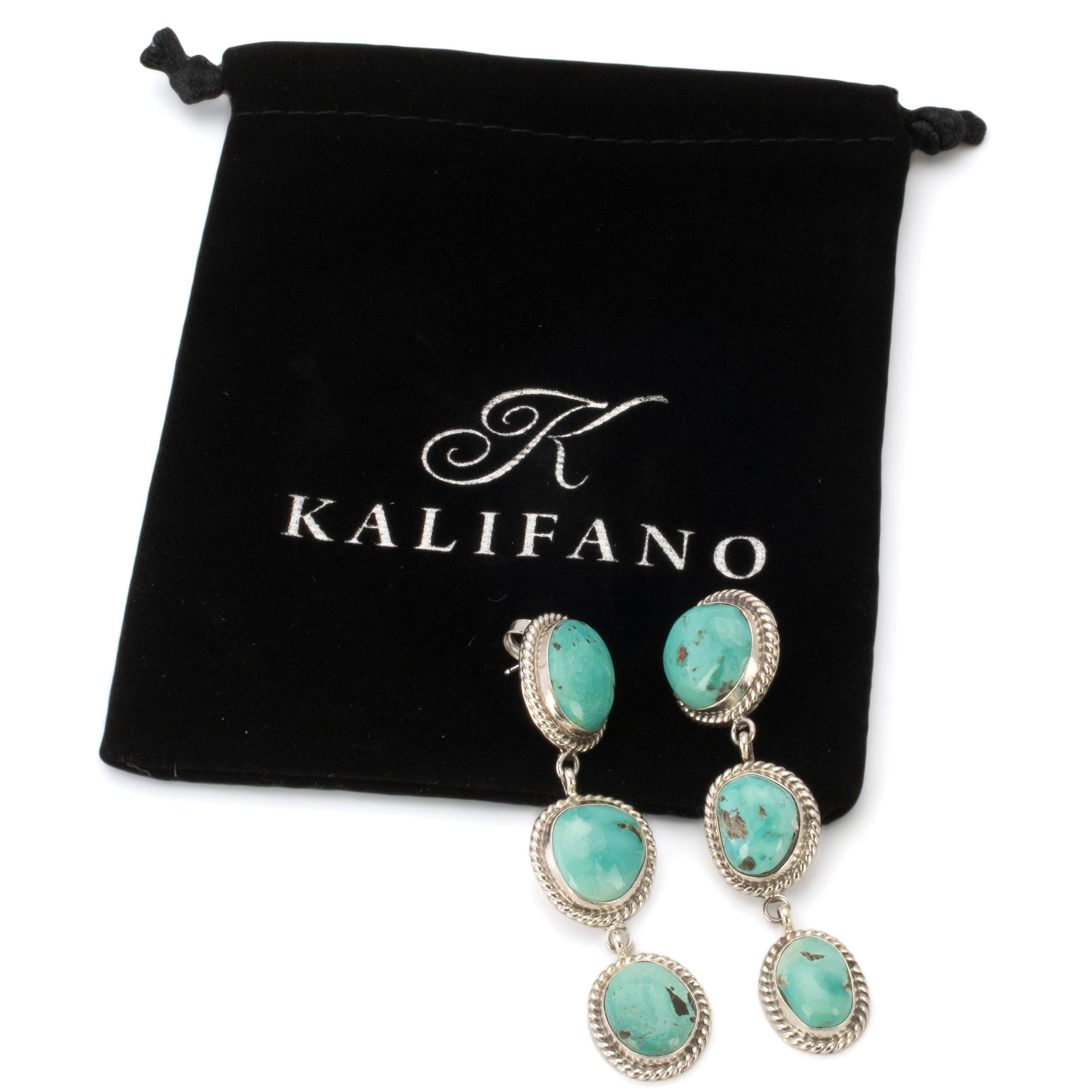 Kalifano Native American Jewelry Lucinda Linkin Navajo Carico Lake Turquoise Triple Stone USA Native American Made 925 Sterling Silver Earrings with Stud Backing NAE1000.006
