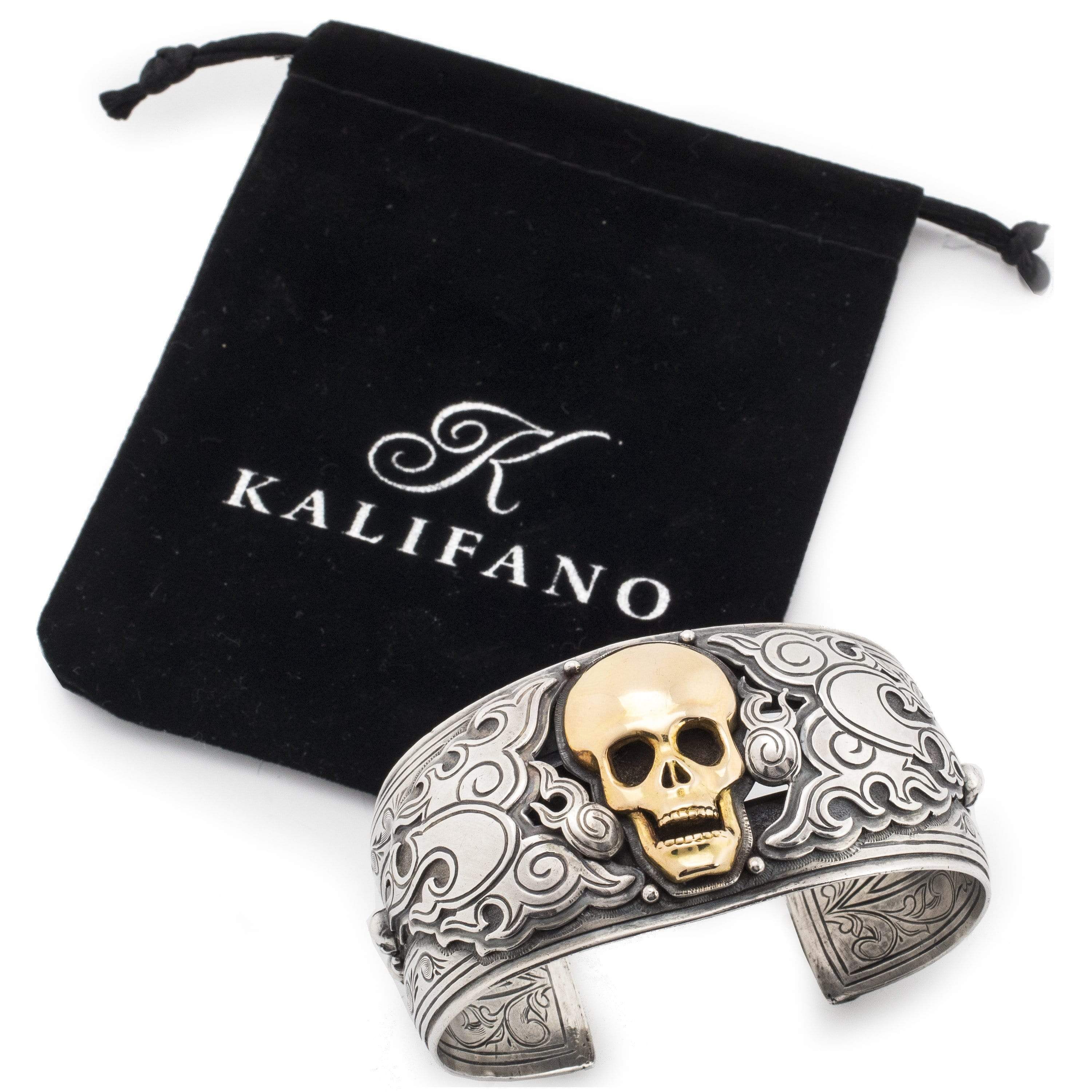 Kalifano Native American Jewelry Mona Van Riper 18k Gold Skull USA Native American Made 925 Sterling Silver Cuff NAB24500.001