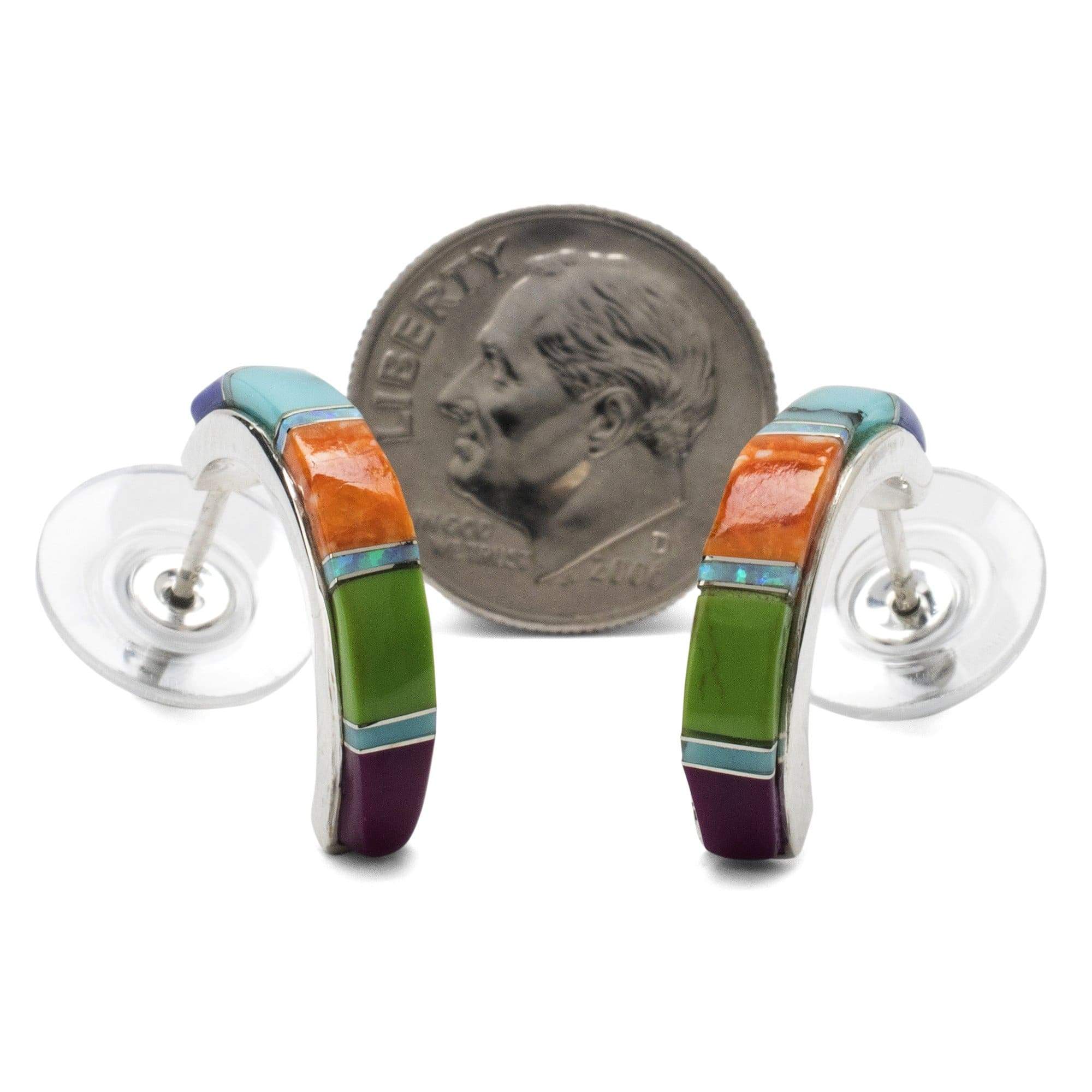 Kalifano Native American Jewelry Multi Gemstone Semi Hoop 925 Sterling Silver Earring USA USA Handmade with Opal Accent NME.0406.MT