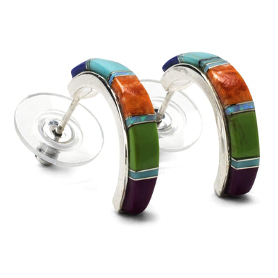 Kalifano Native American Jewelry Multi Gemstone Semi Hoop 925 Sterling Silver Earring USA USA Handmade with Opal Accent NME.0406.MT