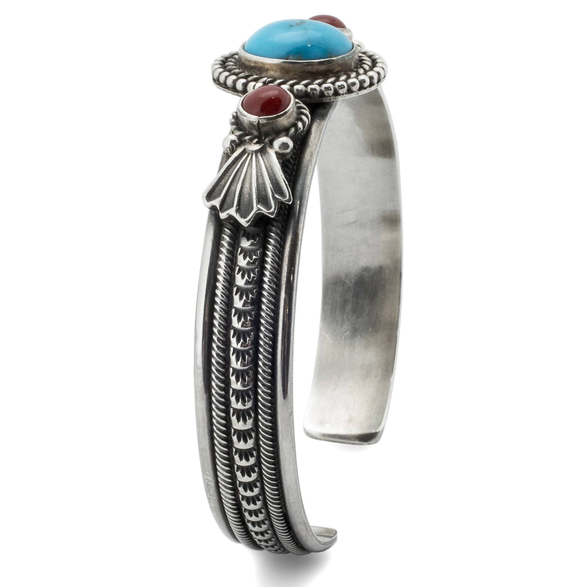 Kalifano Native American Jewelry Navajo Kingman Turquoise and Coral USA Native American Made 925 Sterling Silver Cuff NAB1200.002
