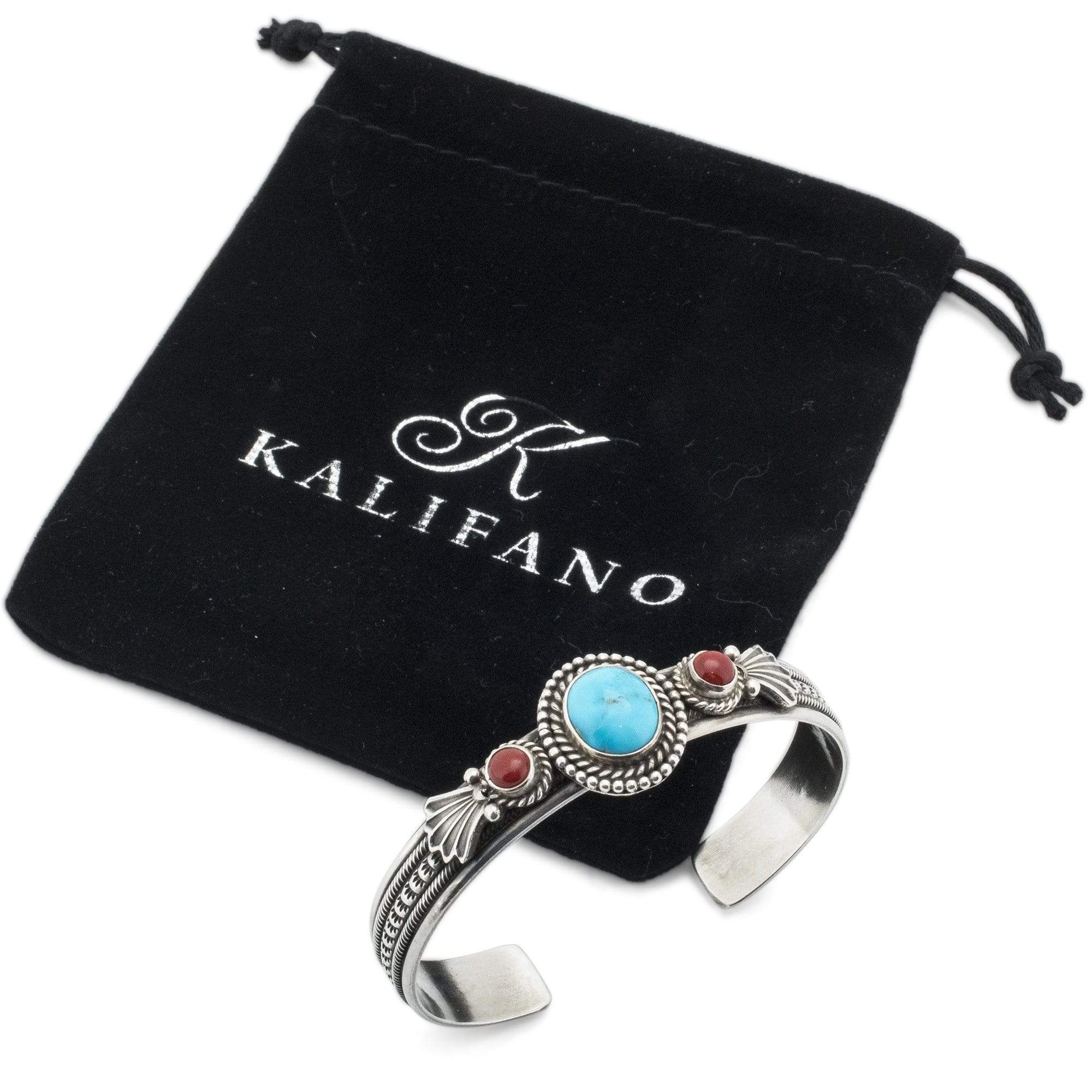 Kalifano Native American Jewelry Navajo Kingman Turquoise and Coral USA Native American Made 925 Sterling Silver Cuff NAB1200.002