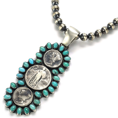Kalifano Native American Jewelry Paul Livingston Tyrone and Campitos Turquoise & Triple Liberty Coin Pendant with 8mm Navajo Pearls Bead Necklace USA Native American Made 925 Sterling Silver Set NAN4500.003
