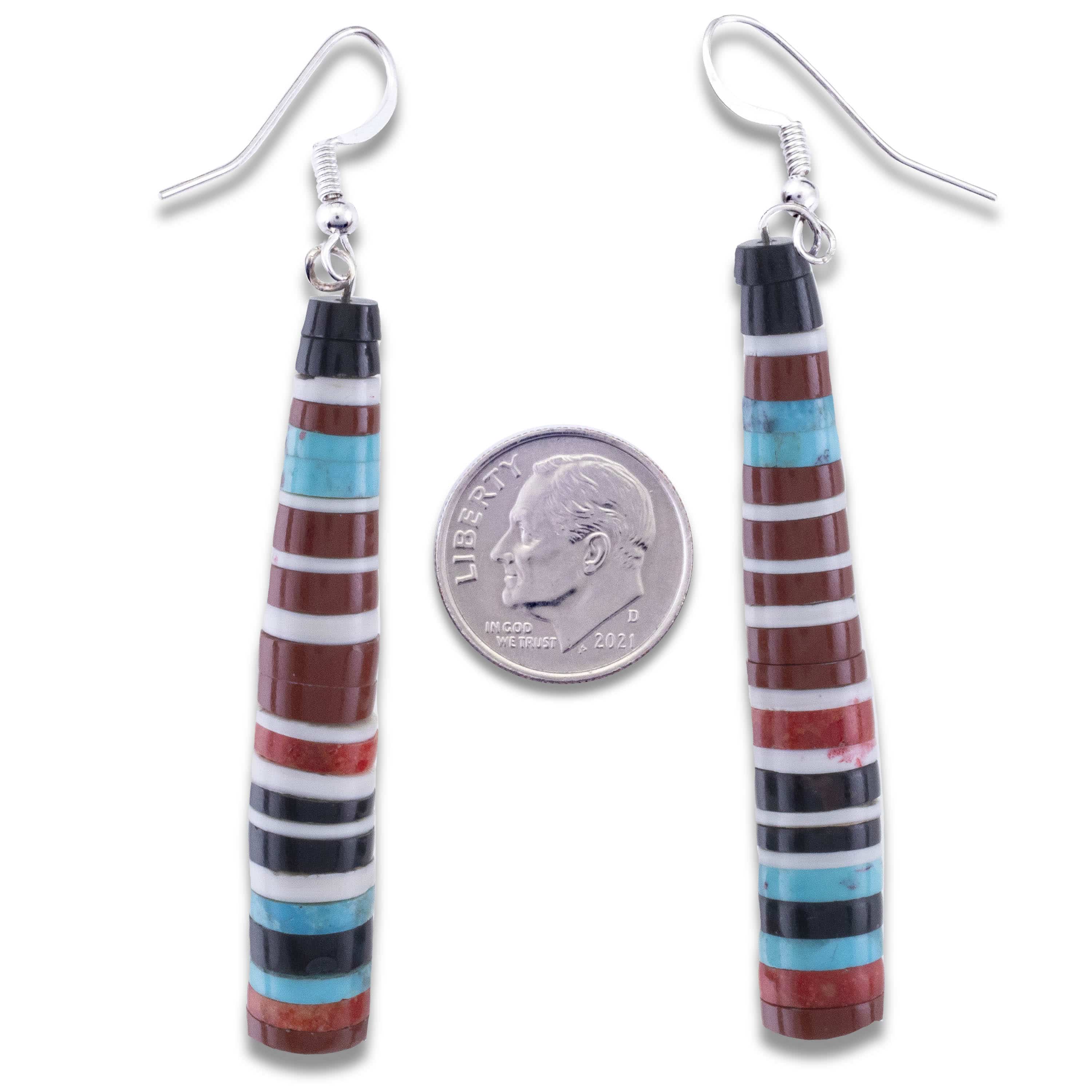 Kalifano Native American Jewelry Pula Calabaza Santo Domingo Heishi Turquoise, Jet, Howlite, Coral and Spiny Oyster Shell USA Native American Made 925 Sterling Silver Dangly Earrings NAE400.025