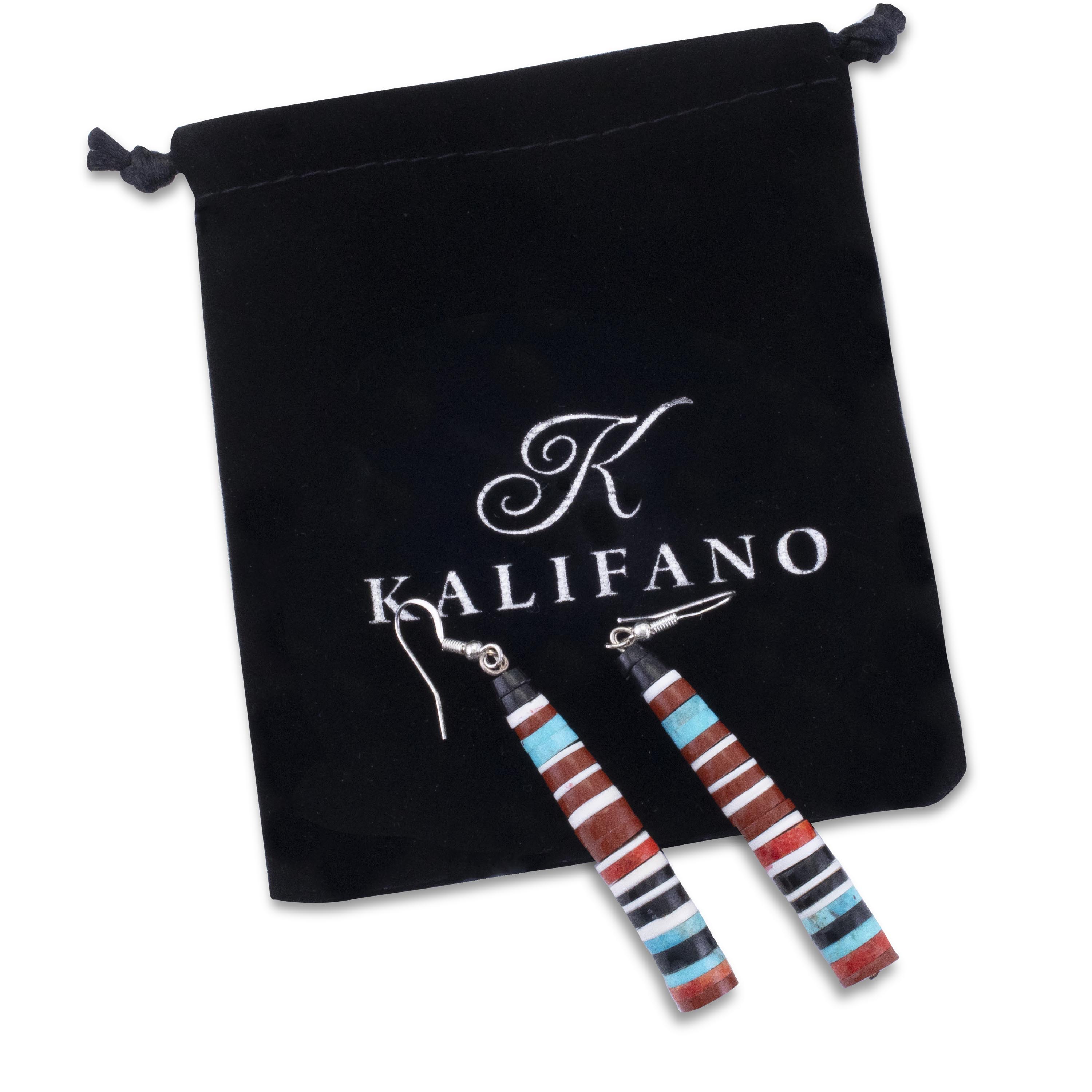 Kalifano Native American Jewelry Pula Calabaza Santo Domingo Heishi Turquoise, Jet, Howlite, Coral and Spiny Oyster Shell USA Native American Made 925 Sterling Silver Dangly Earrings NAE400.025