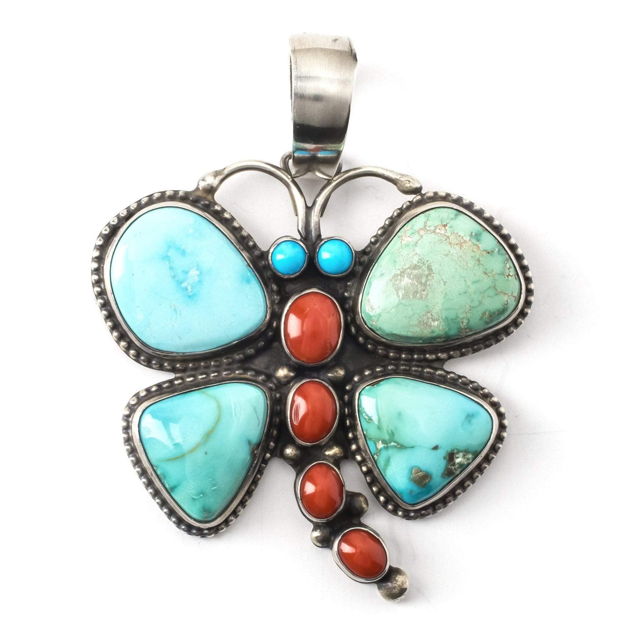 Kalifano Native American Jewelry Raymond Beard Carico Lake Turquoise, Sleeping Beauty Turquoise, and Coral USA Native American Made 925 Sterling Silver Butterfly Pendant NAN2700.005