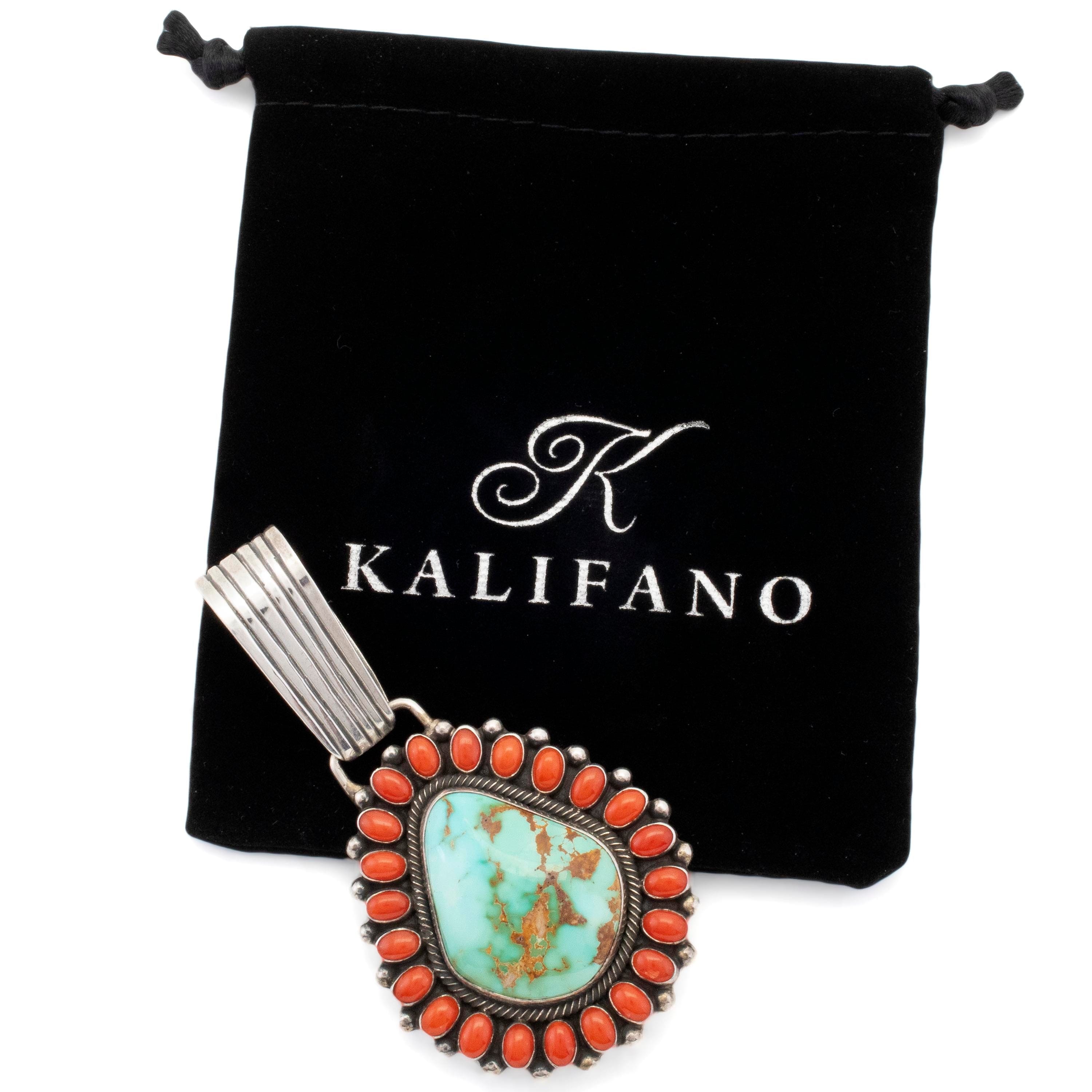 Kalifano Native American Jewelry Raymond Beard Navajo Royston Turquoise and Coral USA Native American Made 925 Sterling Silver Pendant NAN4800.003